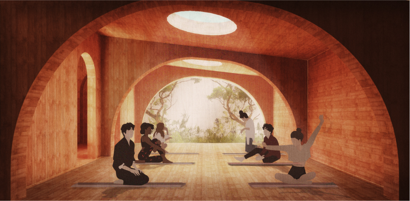 A warm, arched meditation room supports collective reflection through filtered natural light.