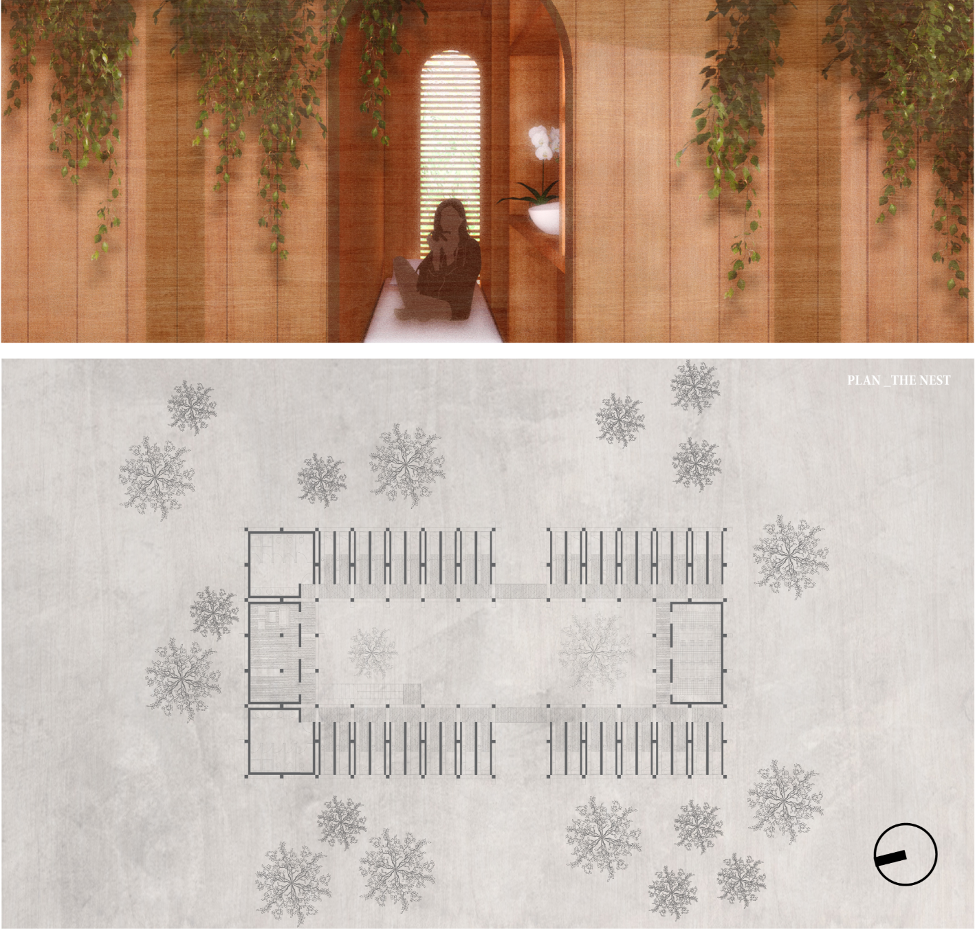 The Nest combines intimate stay pods with a planted courtyard and shared facilities.