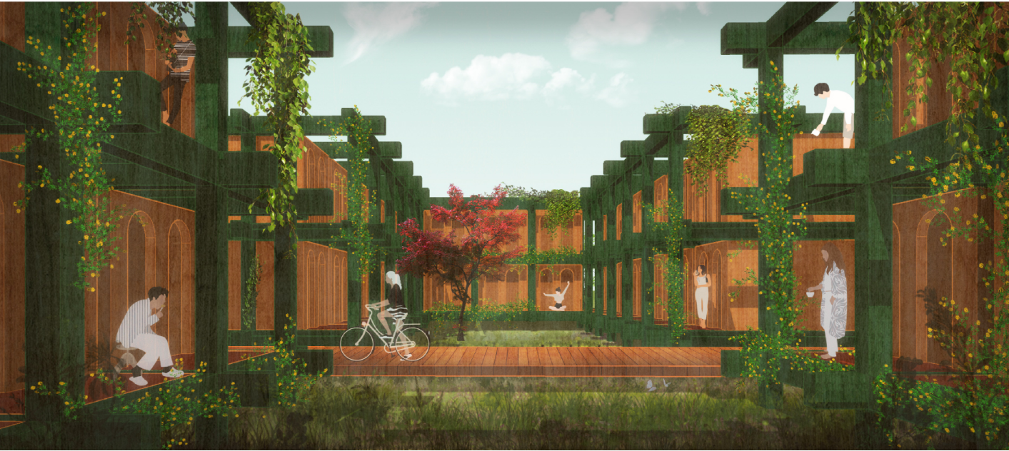 Private meditation pods surround a lush courtyard, balancing solitude with community living.