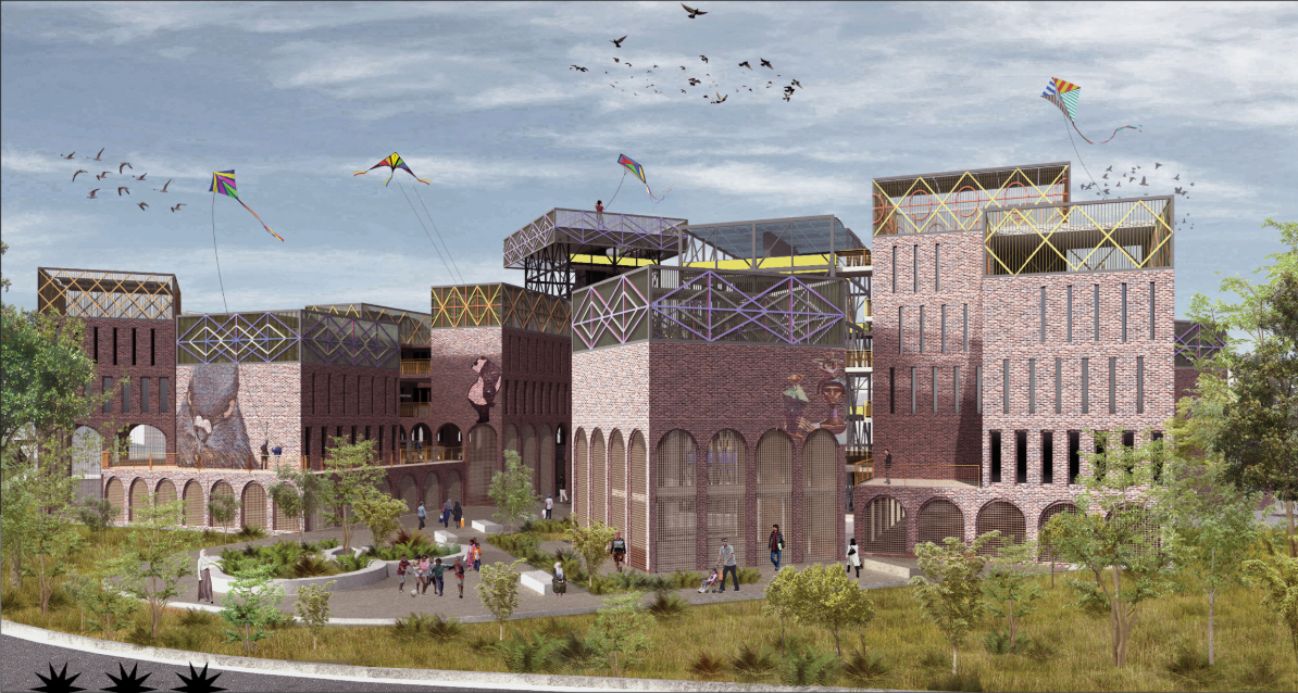 Rendered view of the brick and timber facade complex with kites flying overhead