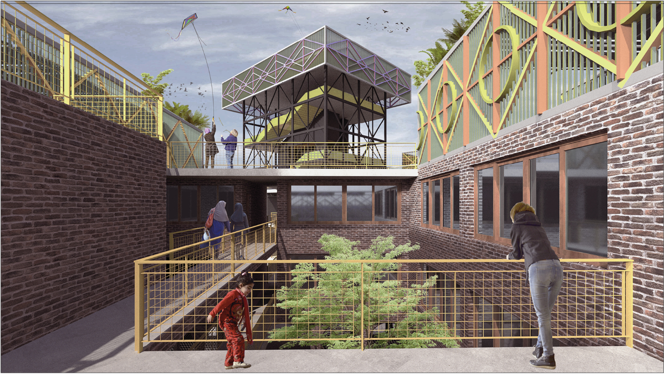 Interior courtyard with yellow railings surrounding a planted tree and residents gathering