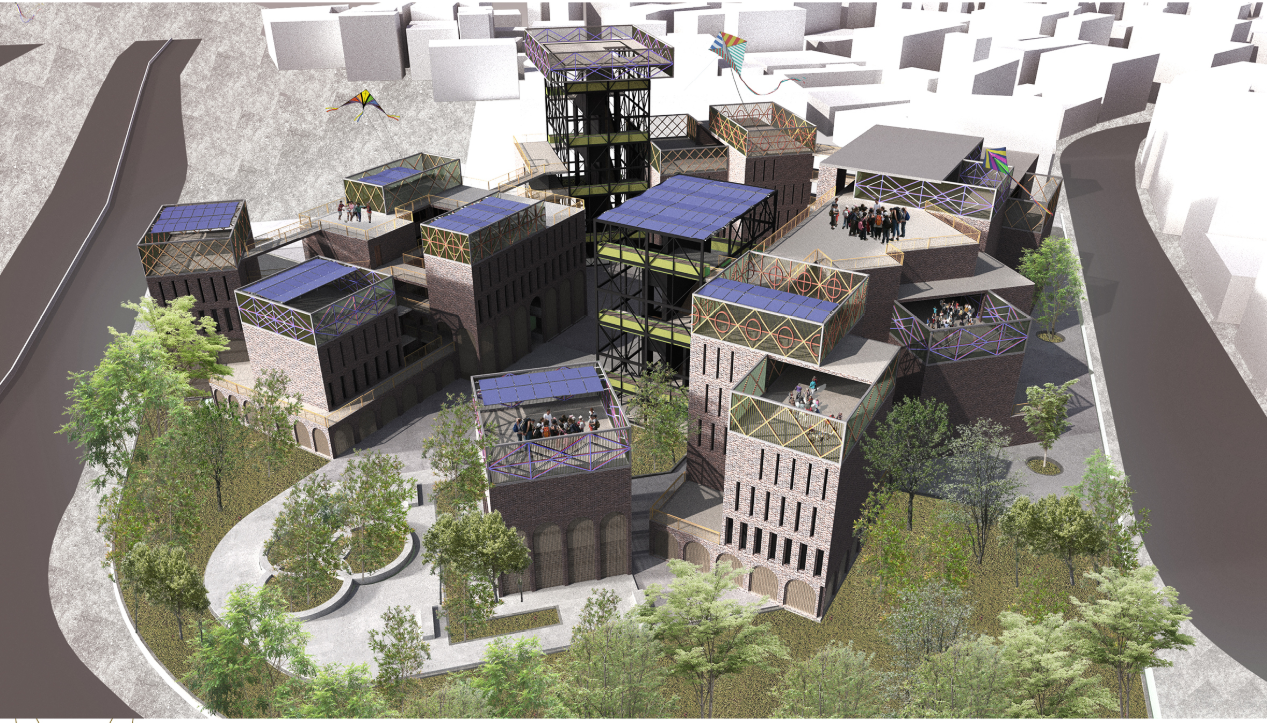 Aerial rendering showing clustered brick volumes with rooftop structures and surrounding trees