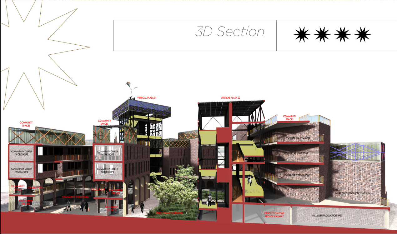 Three-dimensional section drawing revealing interior spaces and structural systems across multiple volumes