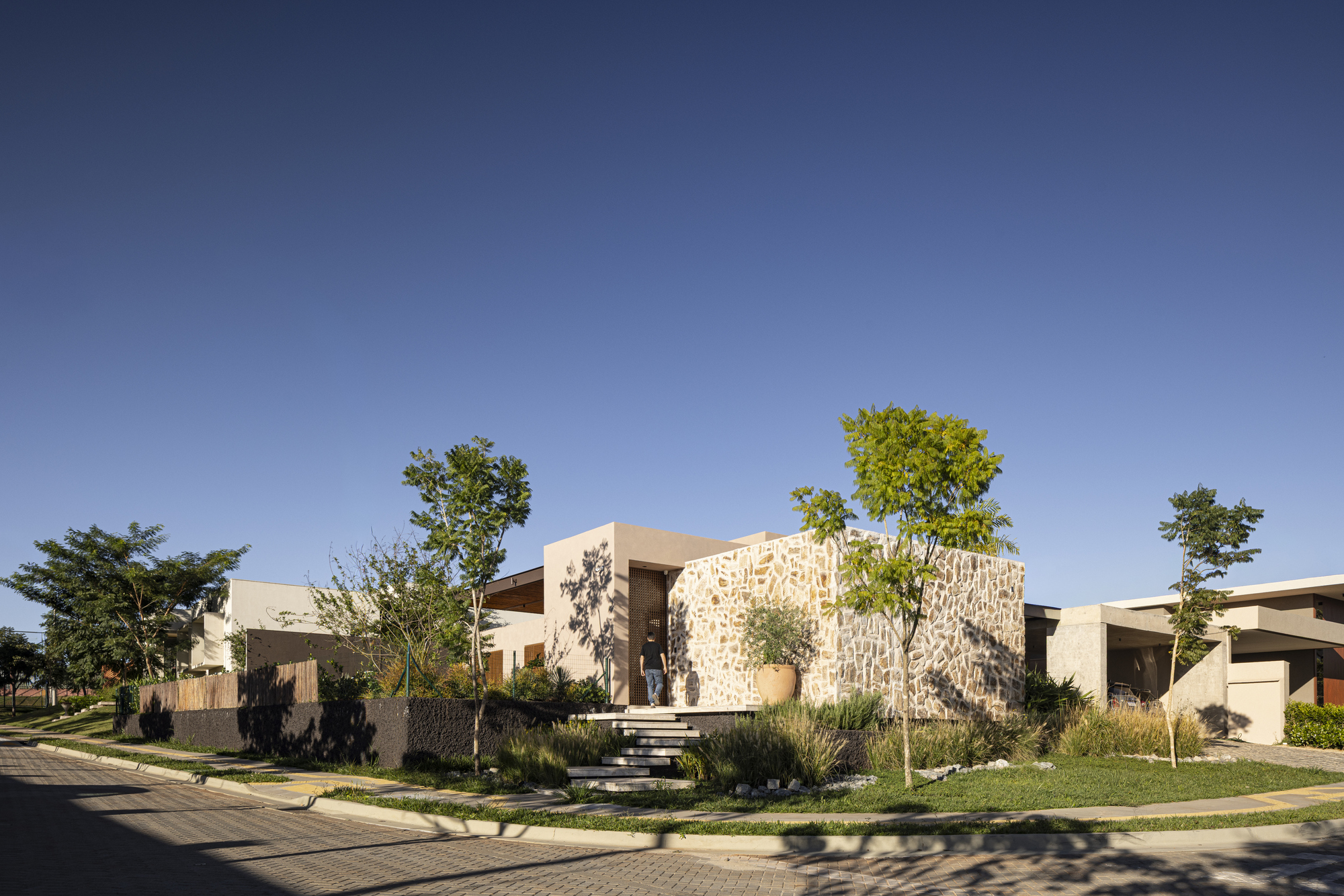 Corner lot view showing the curved stone facade and planted front yard with young trees