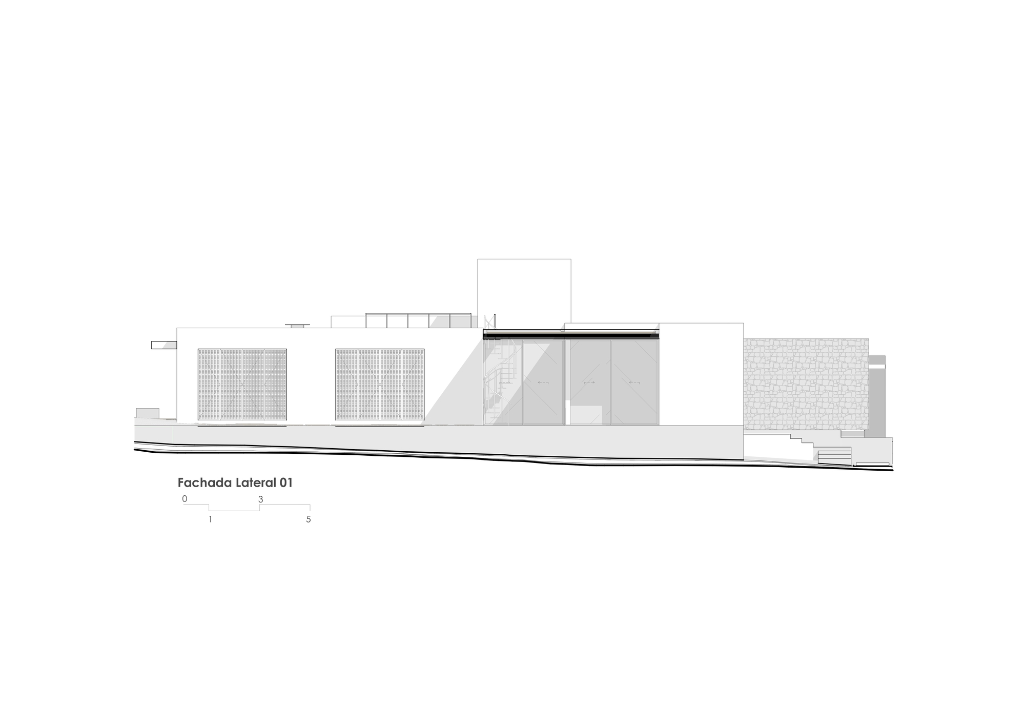 Side elevation drawing showing varied facade treatments including patterned screens and angular geometric volumes