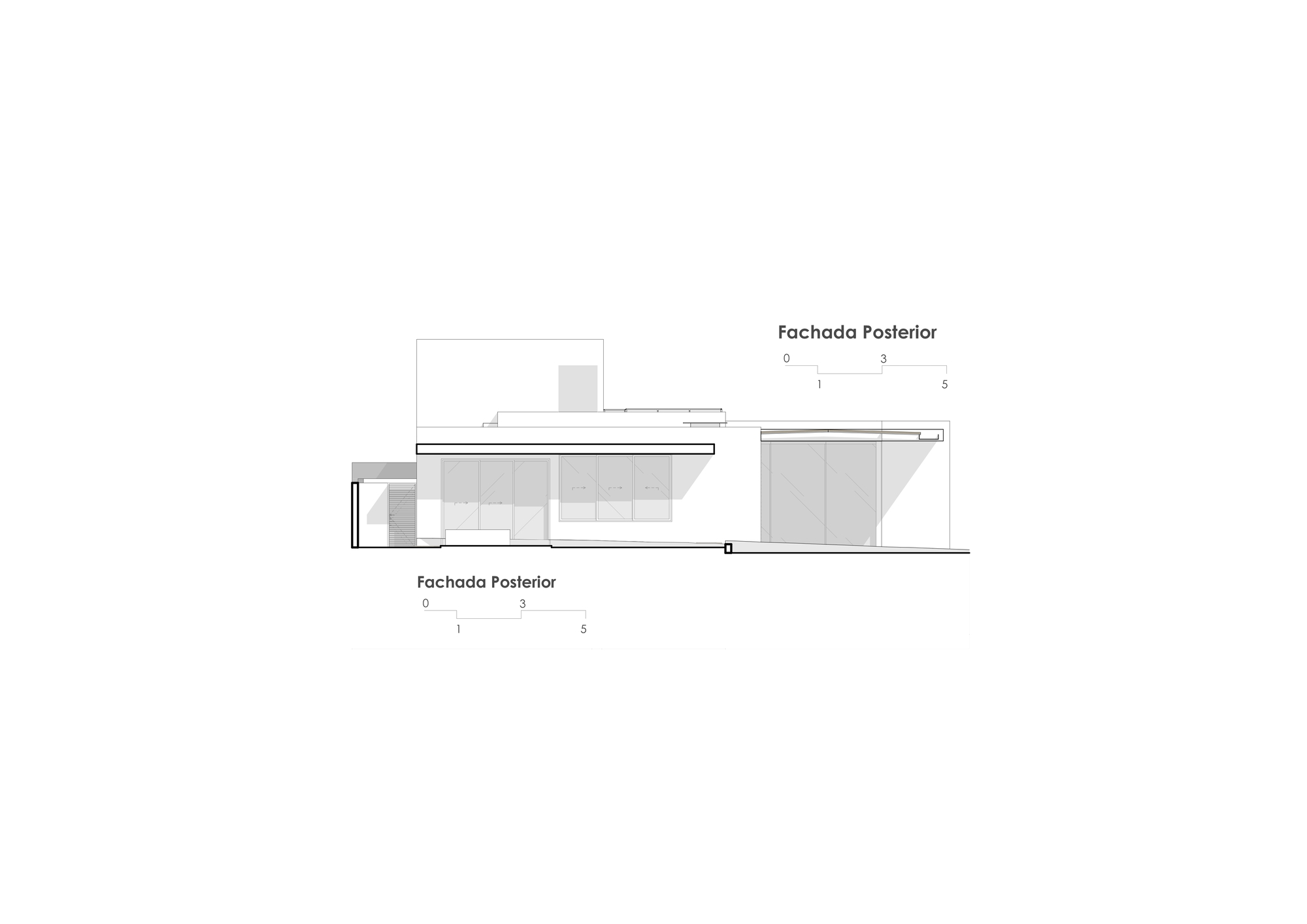 Rear elevation drawing presenting flat rooflines and gridded wall surfaces with minimal fenestration