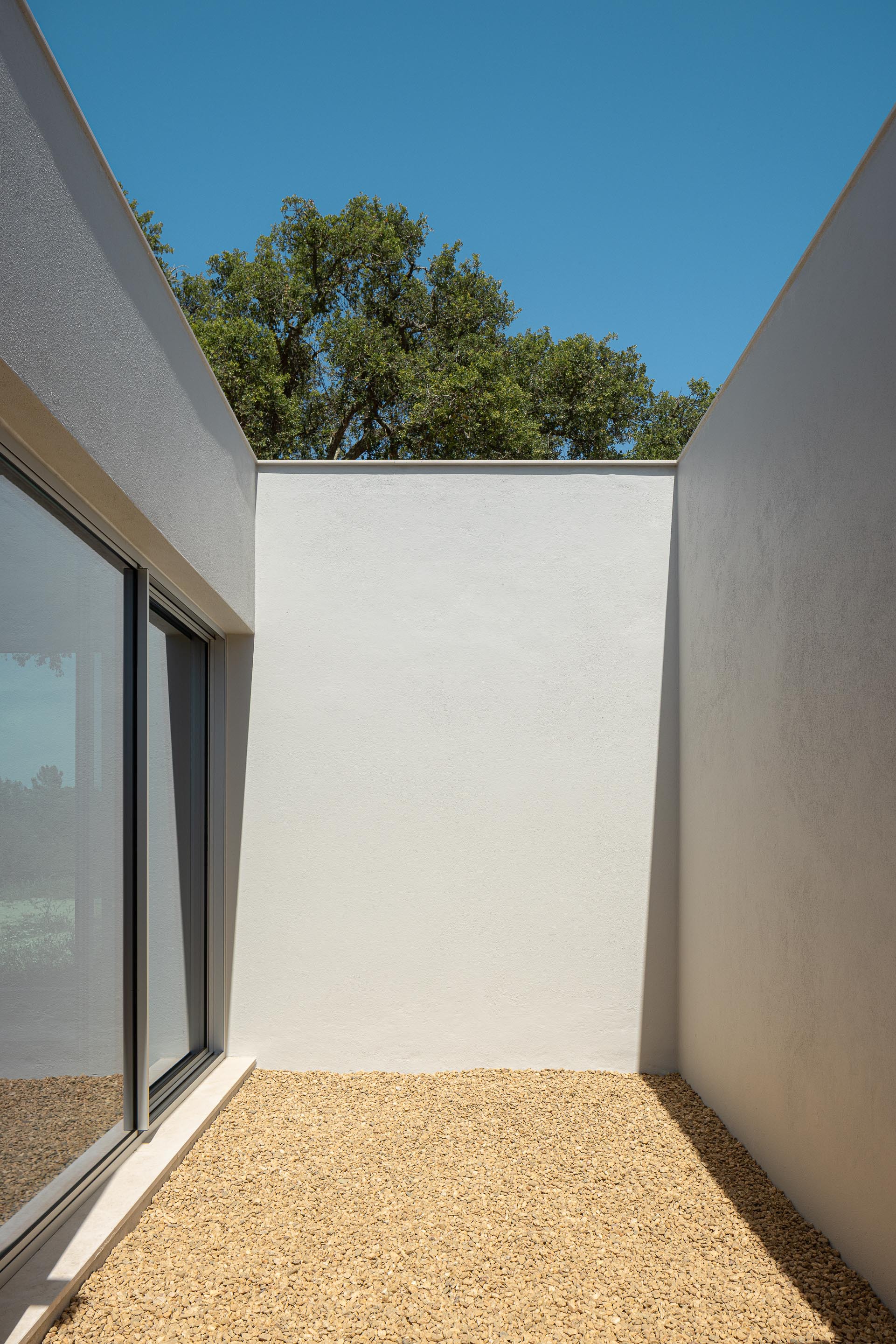 Gravel-floored courtyard enclosed by white stucco walls open to the sky and oak canopy above