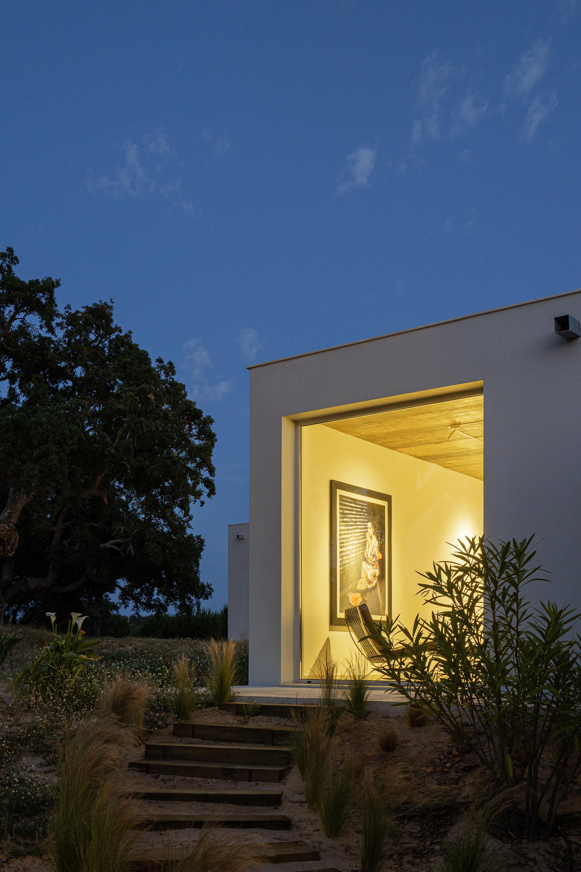 Recessed entrance with timber ceiling glowing at dusk beside stone steps and planted grasses