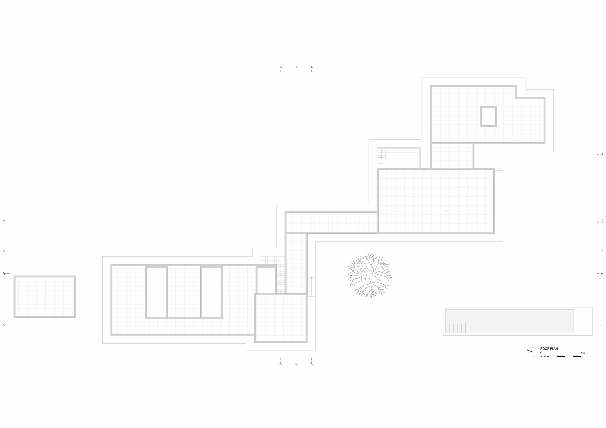 Roof plan drawing depicting terraced volumes stepping up the slope with courtyard tree below