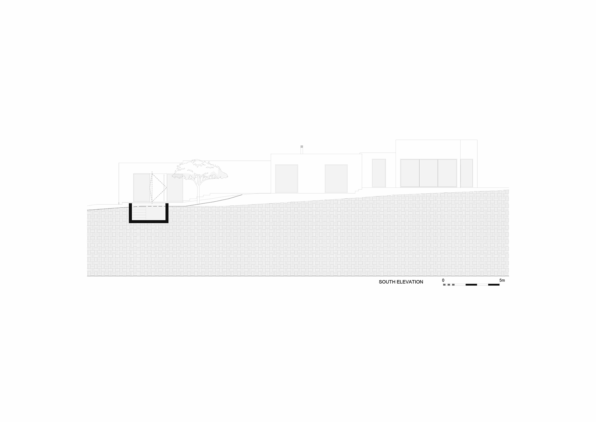 South elevation drawing showing horizontal volumes emerging from sloped terrain with single tree
