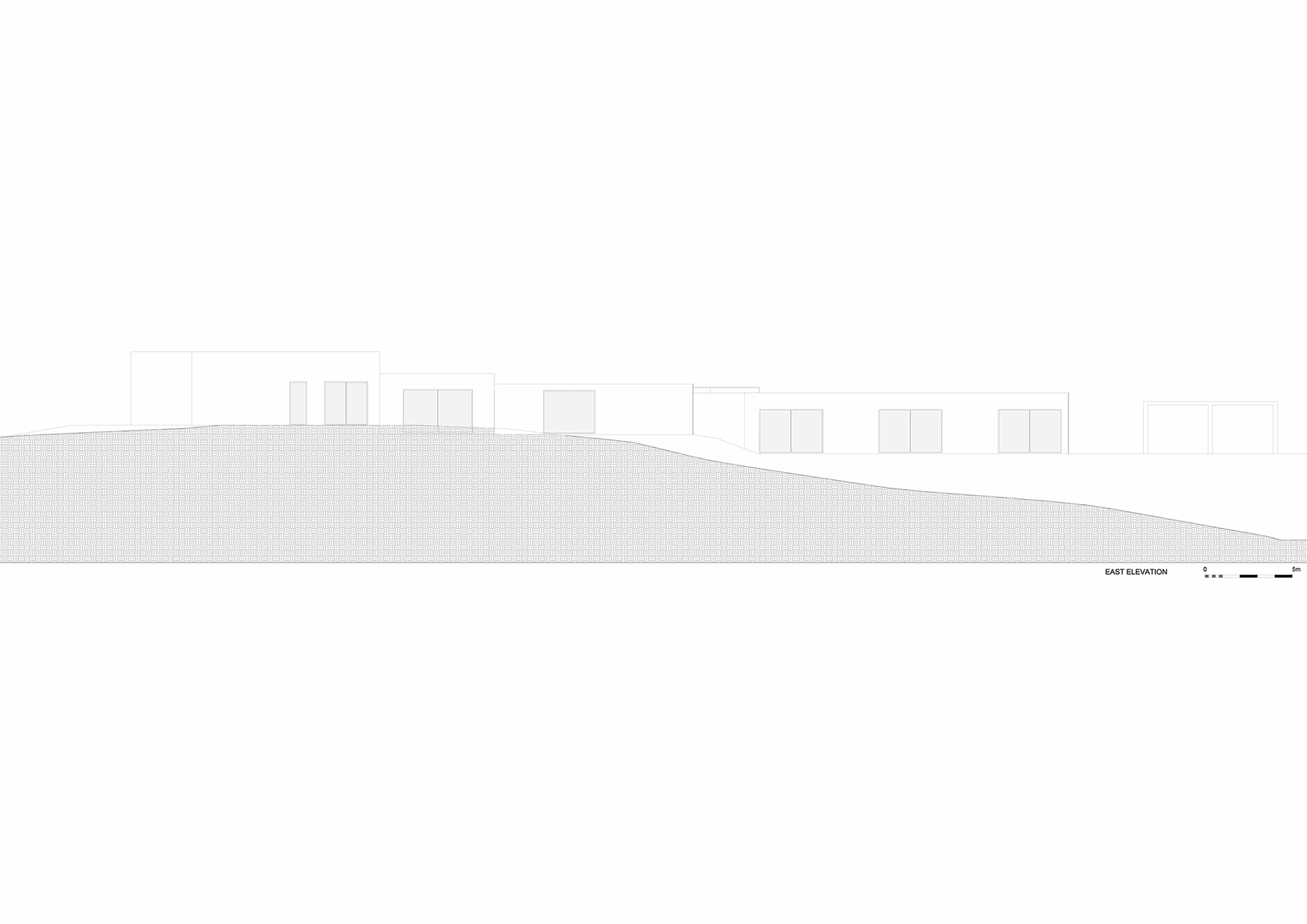East elevation drawing showing segmented volumes following the descending slope of the site