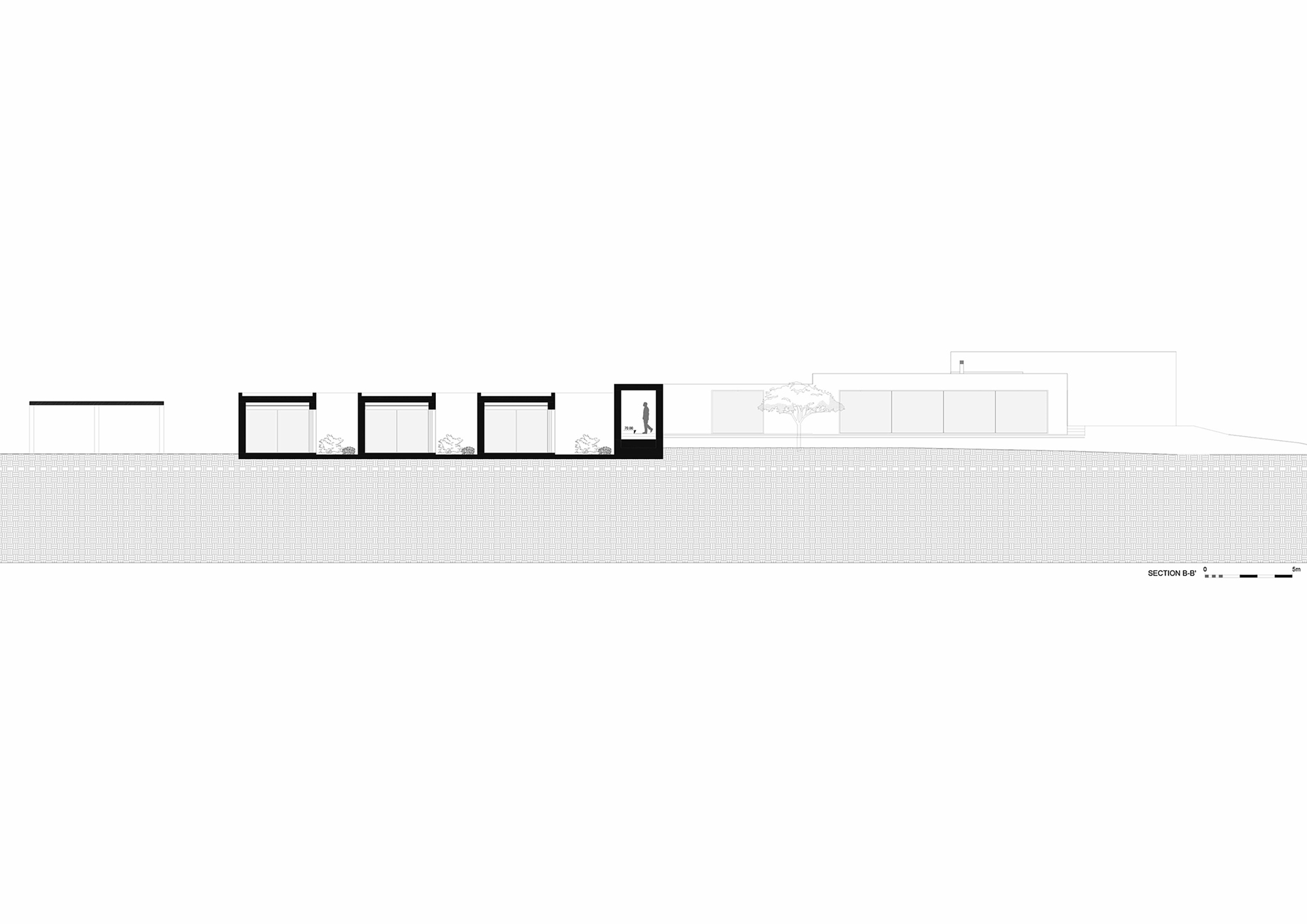 Section drawing showing a series of four pavilions with flat roofs along level ground