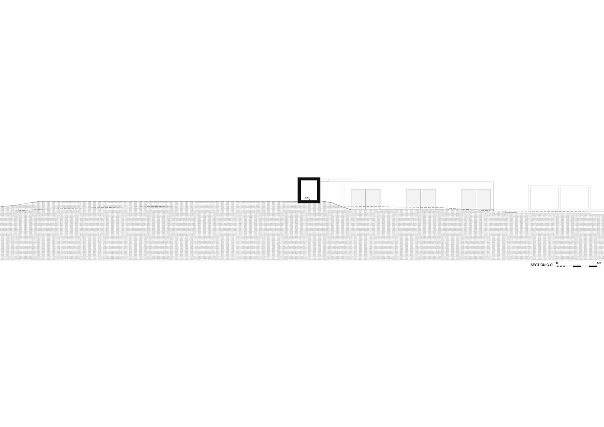 Section drawing showing a single framed volume on sloping grade with scattered structures beyond