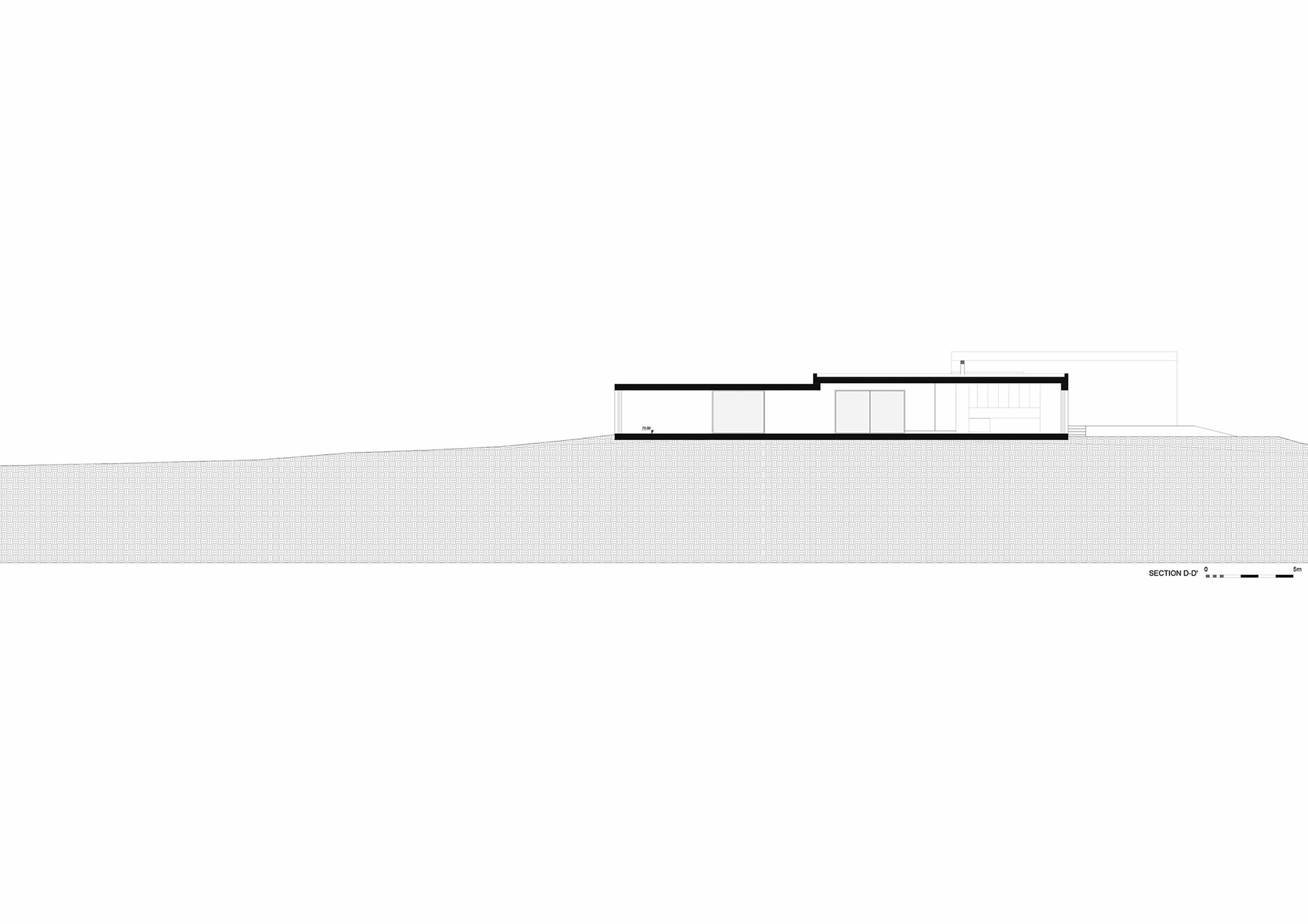 Section drawing showing a two-level structure with parallel roof planes on a hillside