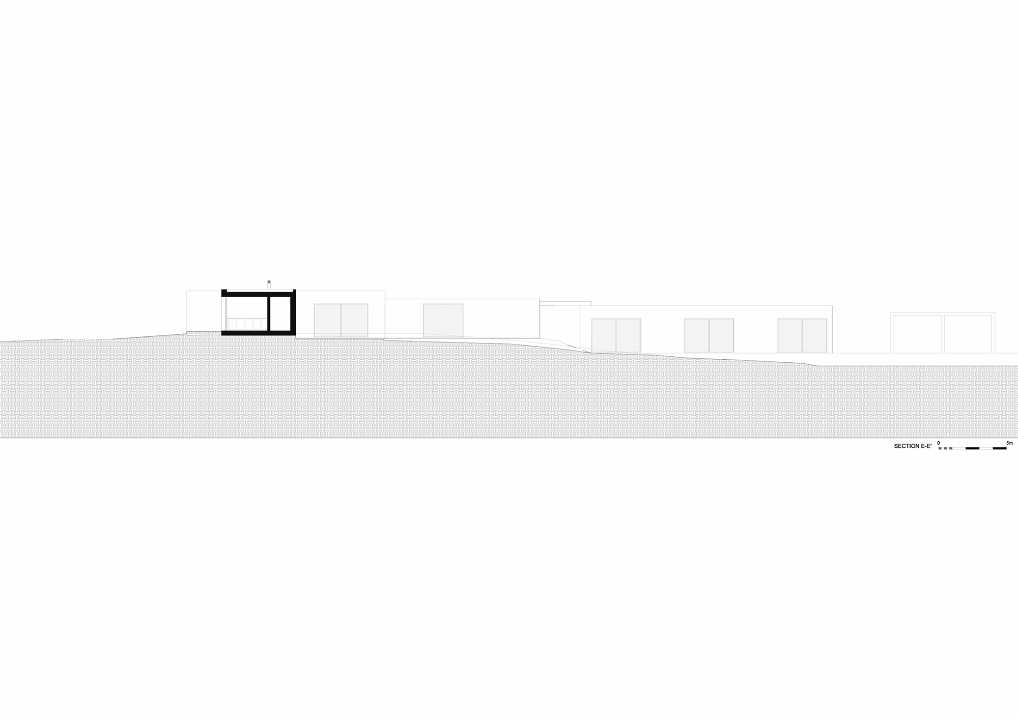 Section drawing showing a pavilion at the high point of undulating terrain with structures descending beyond