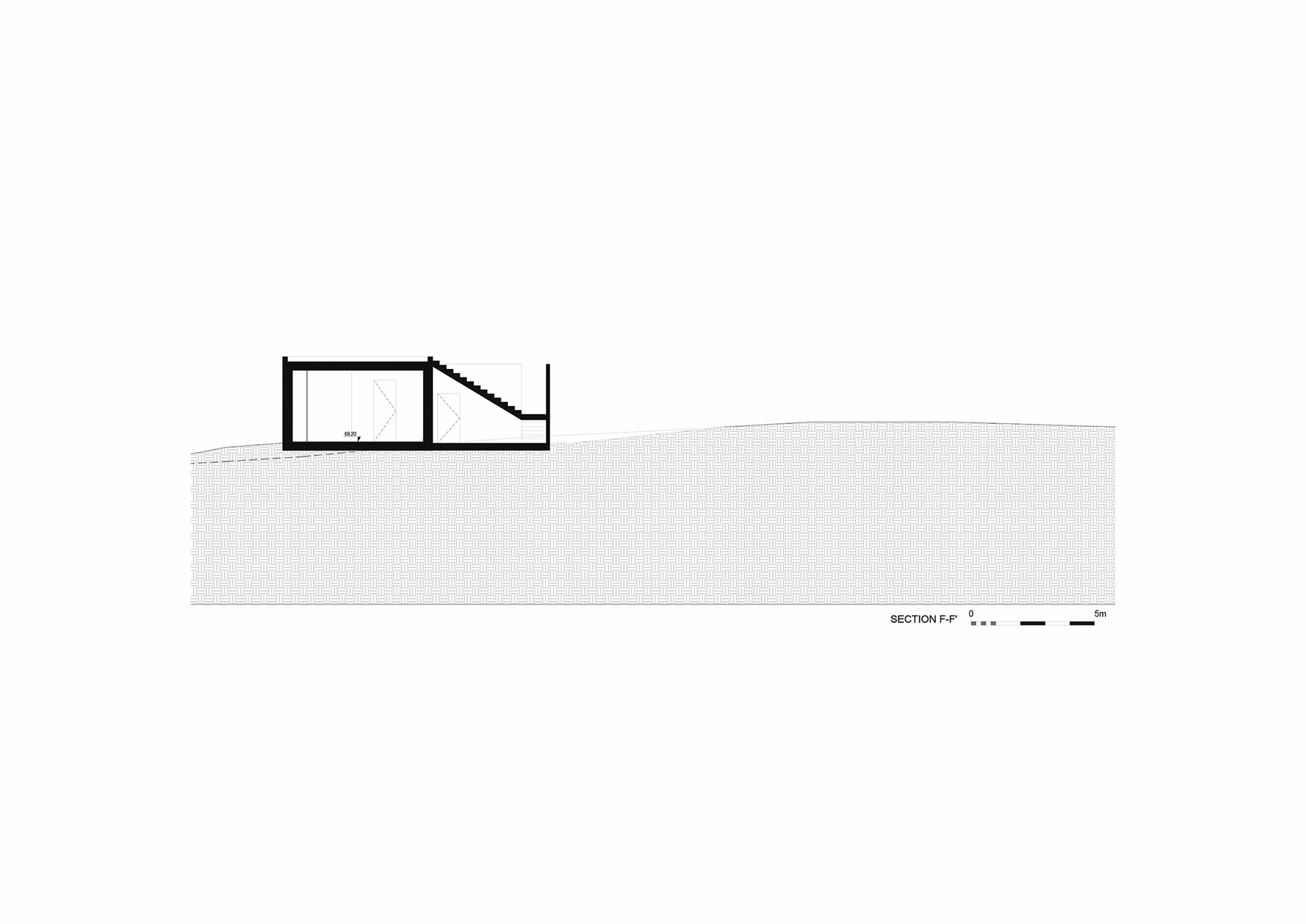 Section drawing showing a single volume with angled roof partially set into steep terrain