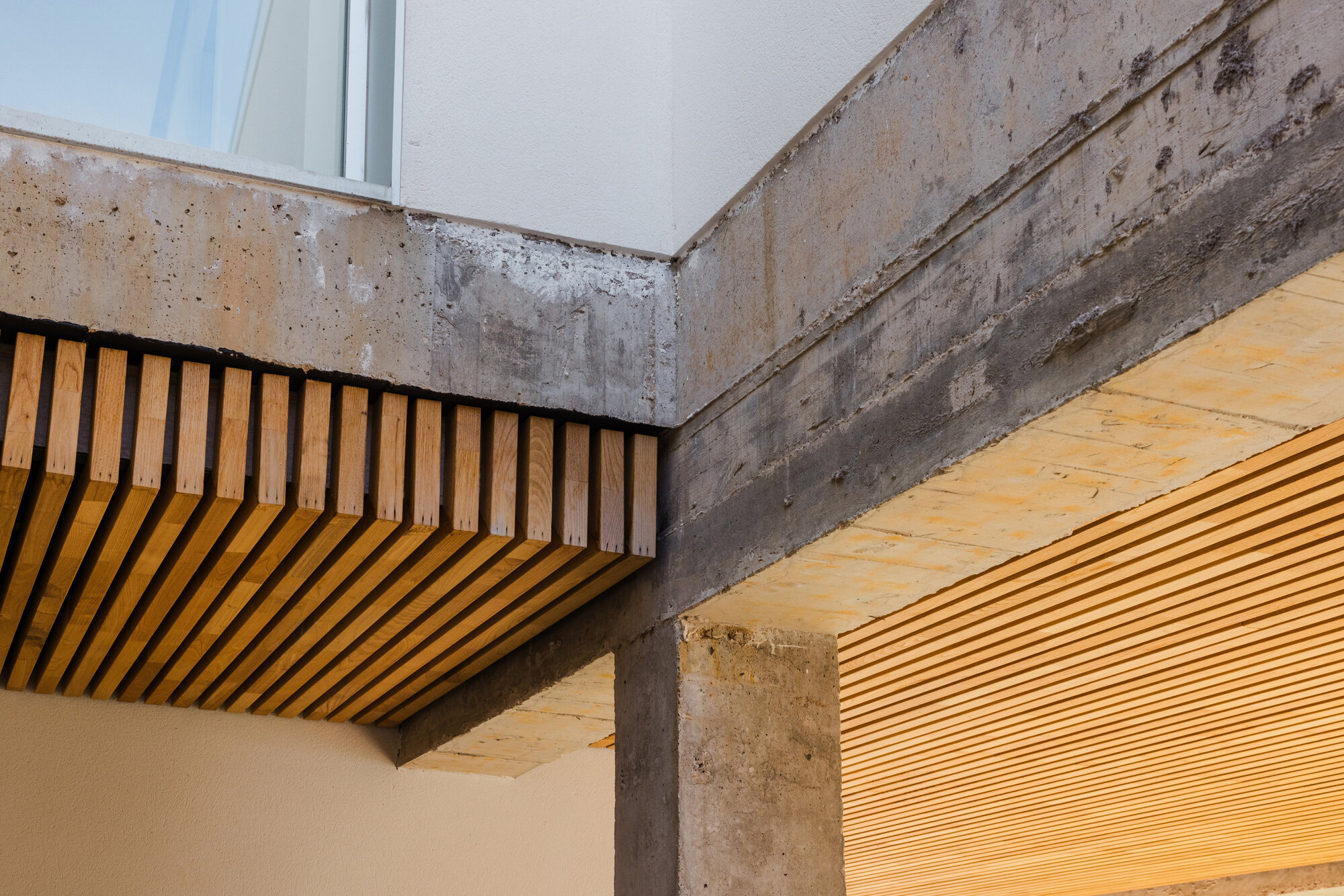 Corner junction of exposed concrete beams and timber slatted ceiling under clear daylight