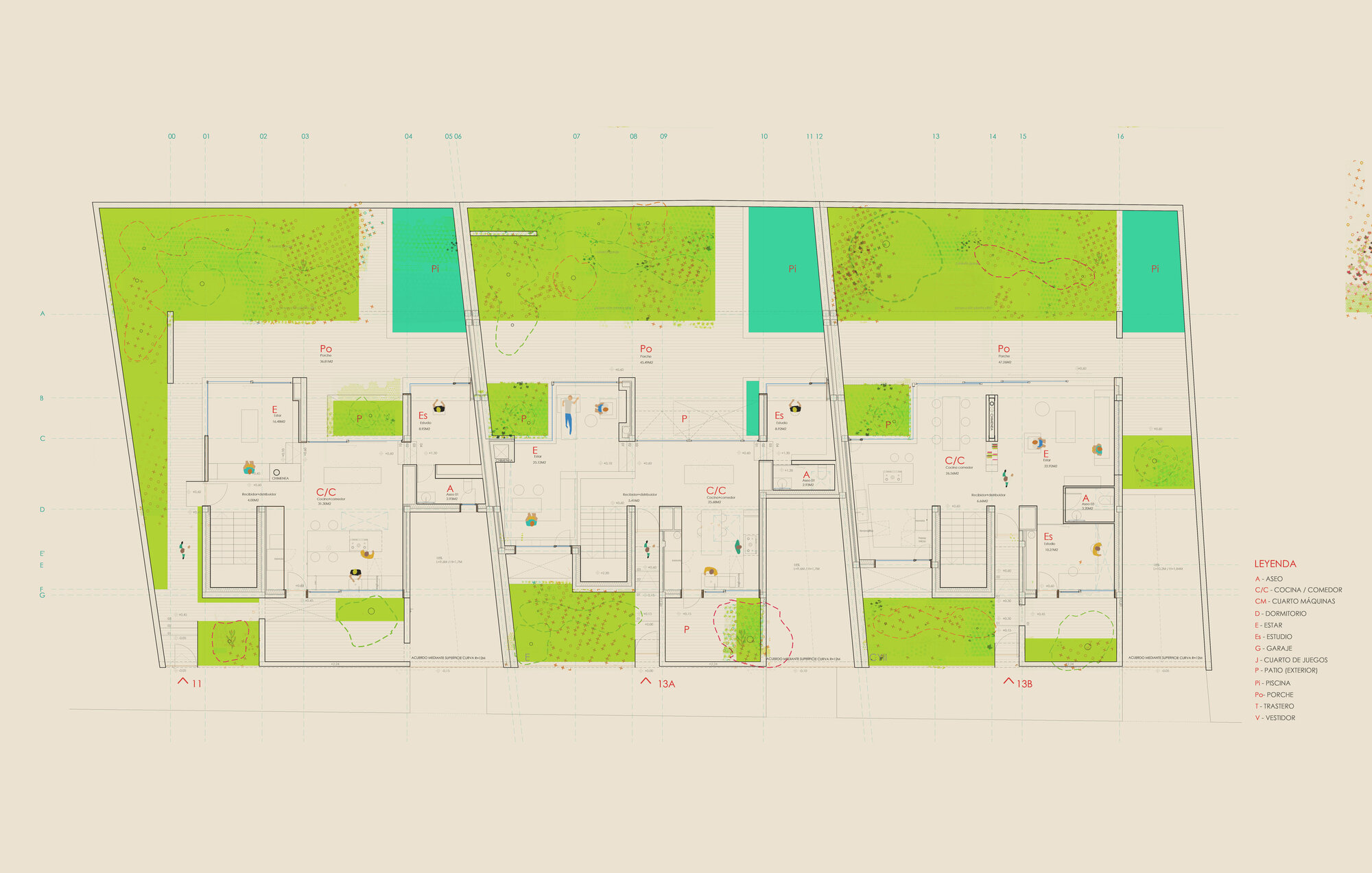 Floor plan drawing showing three row houses with interior courtyards and planted green zones