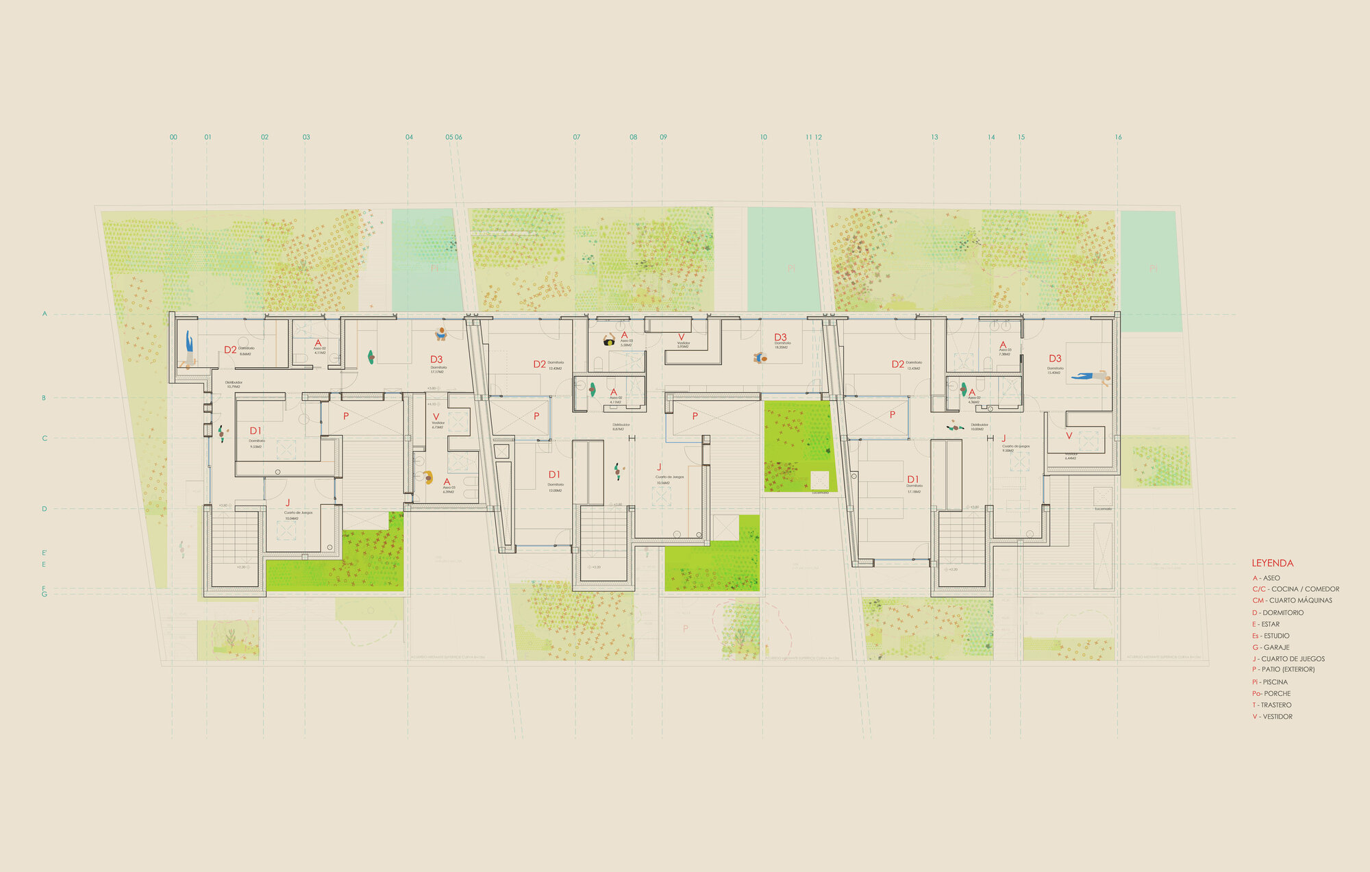 Floor plan drawing showing three residential units with courtyards and surrounding vegetation