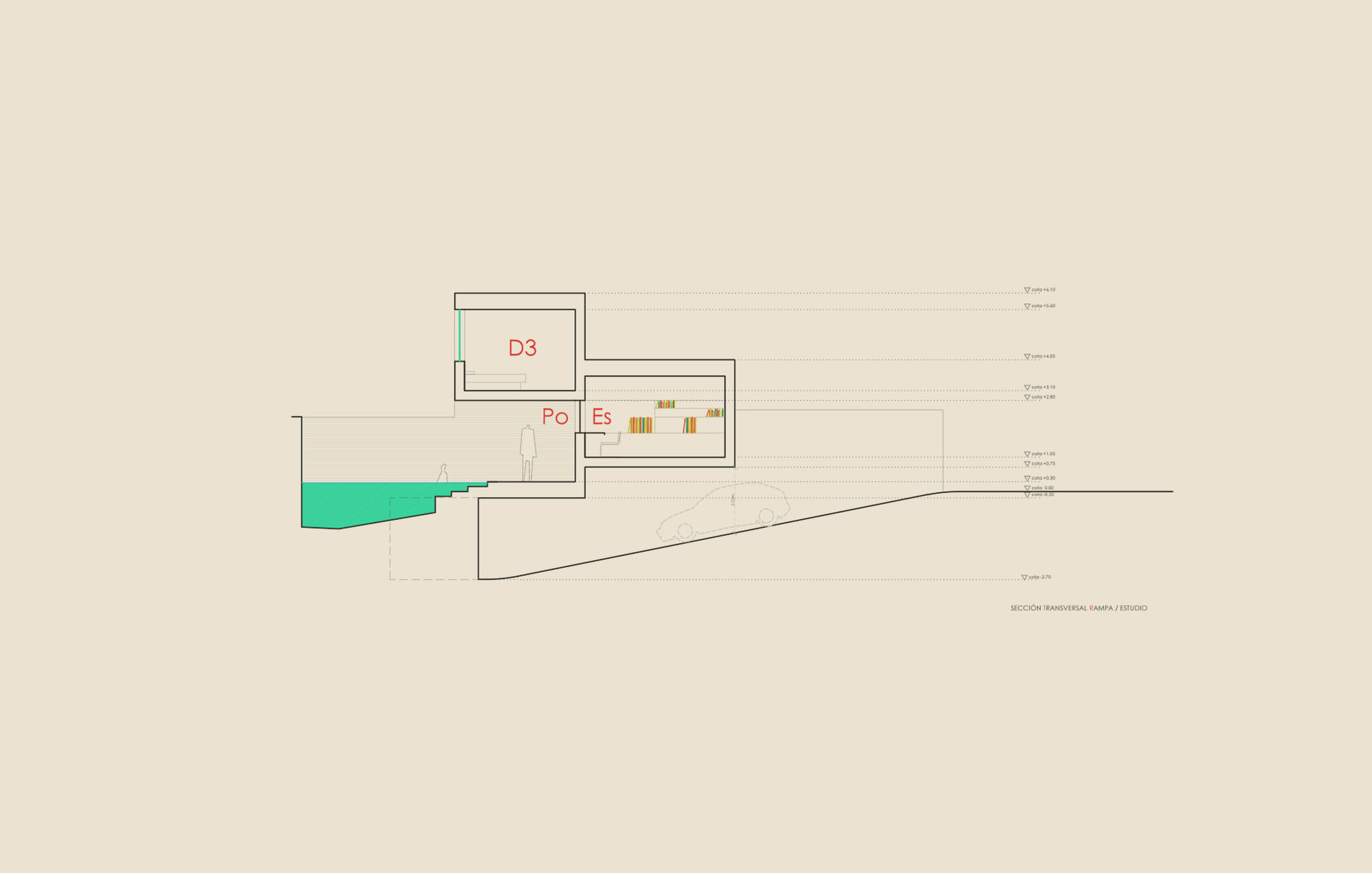 Section drawing illustrating a terrace pool and interior volumes on sloping terrain