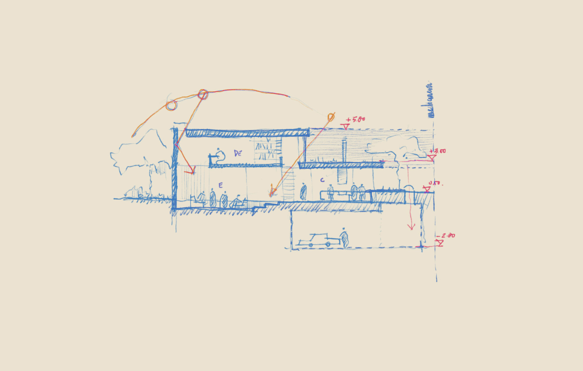 Sketch section with colored pencil showing spatial volumes and human figures
