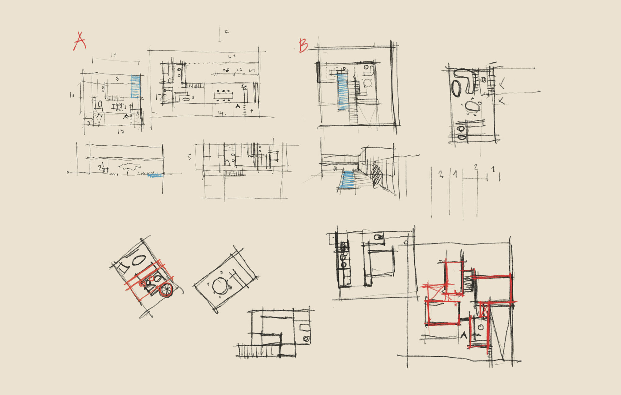 Sheet of hand-drawn interior section sketches exploring rooms and circulation with colored annotations