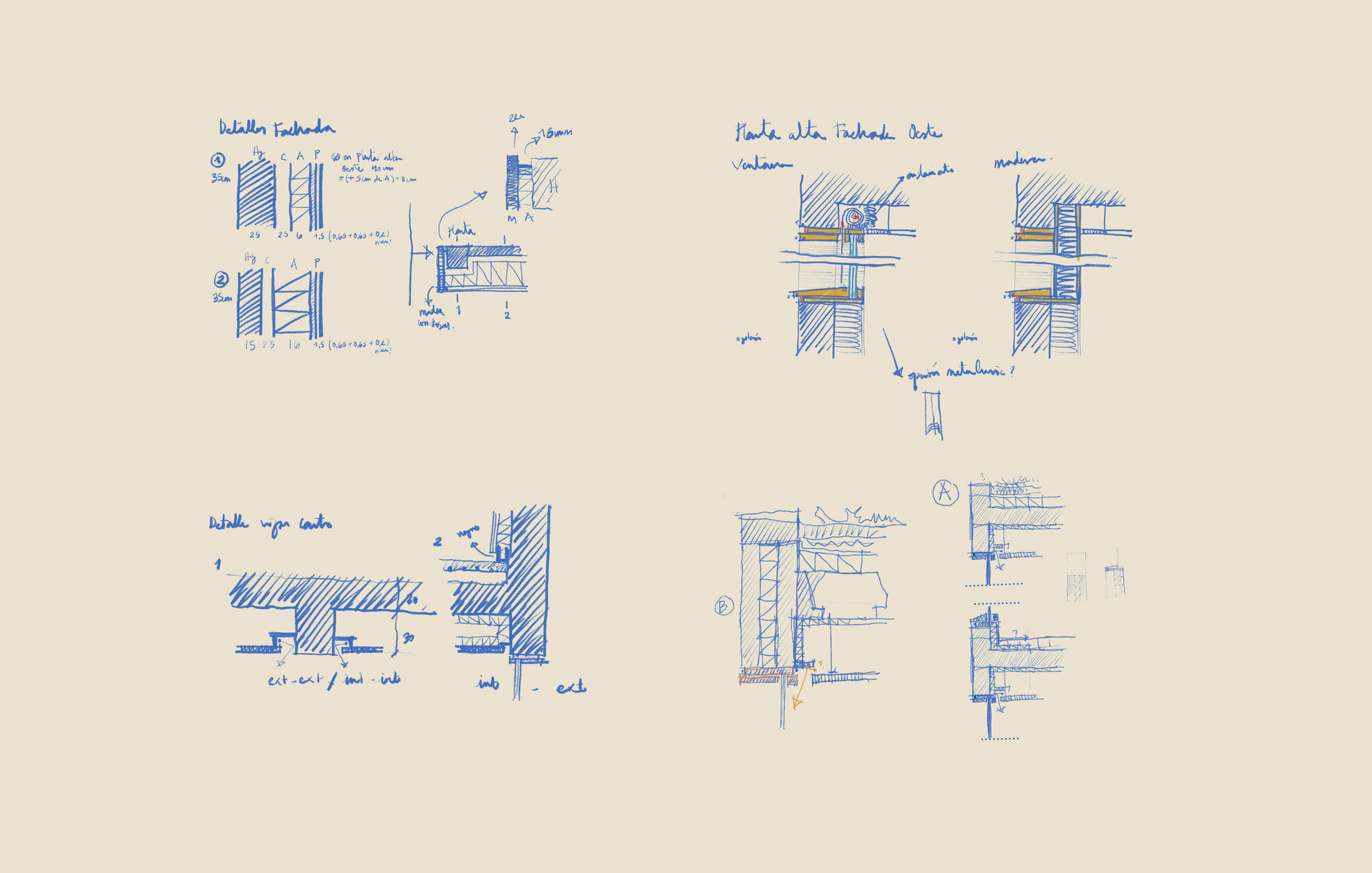 Construction detail sketches showing wall assemblies, facade connections, and insulation layers with handwritten annotations