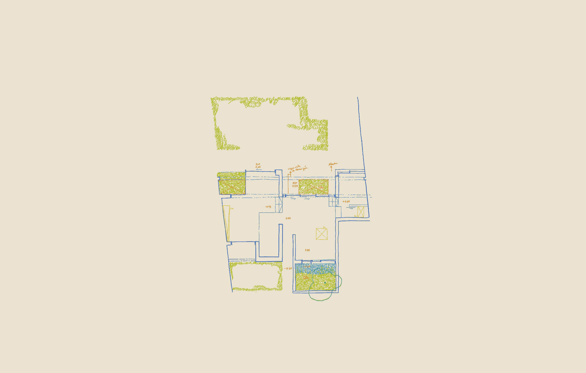 Floor plan drawing depicting interior spaces with planted courtyards indicated in green and blue