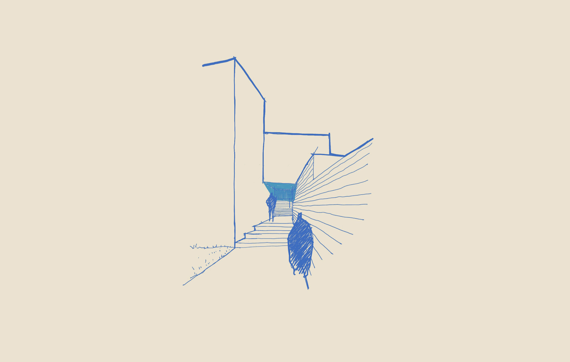 Perspective sketch showing a staircase ascending between walls with radial light lines streaming through
