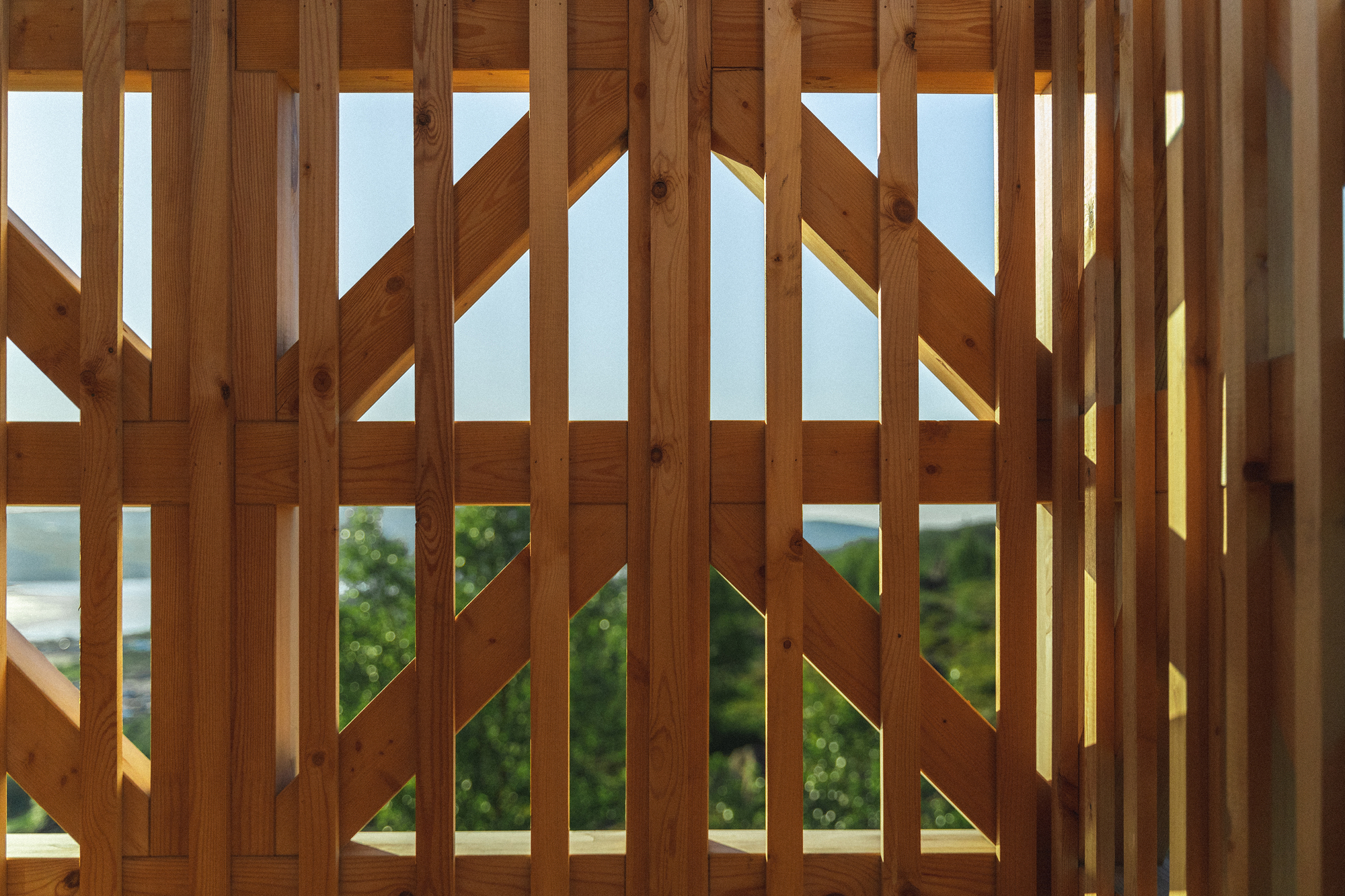 Close-up of the timber railing with diagonal bracing and glimpses of water through the openings