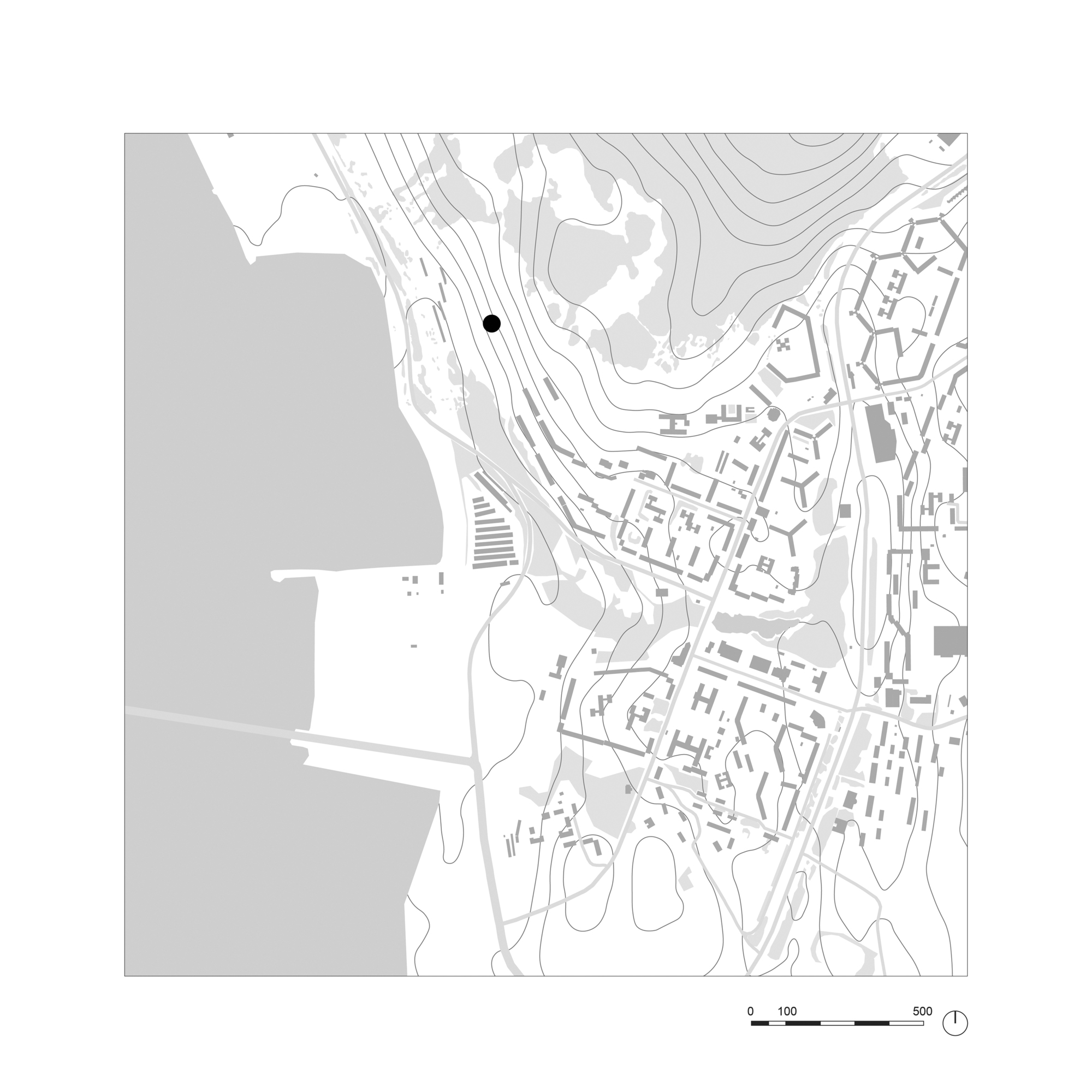 Site plan drawing showing the tower location marked with black dot amid topographic contours and settlement