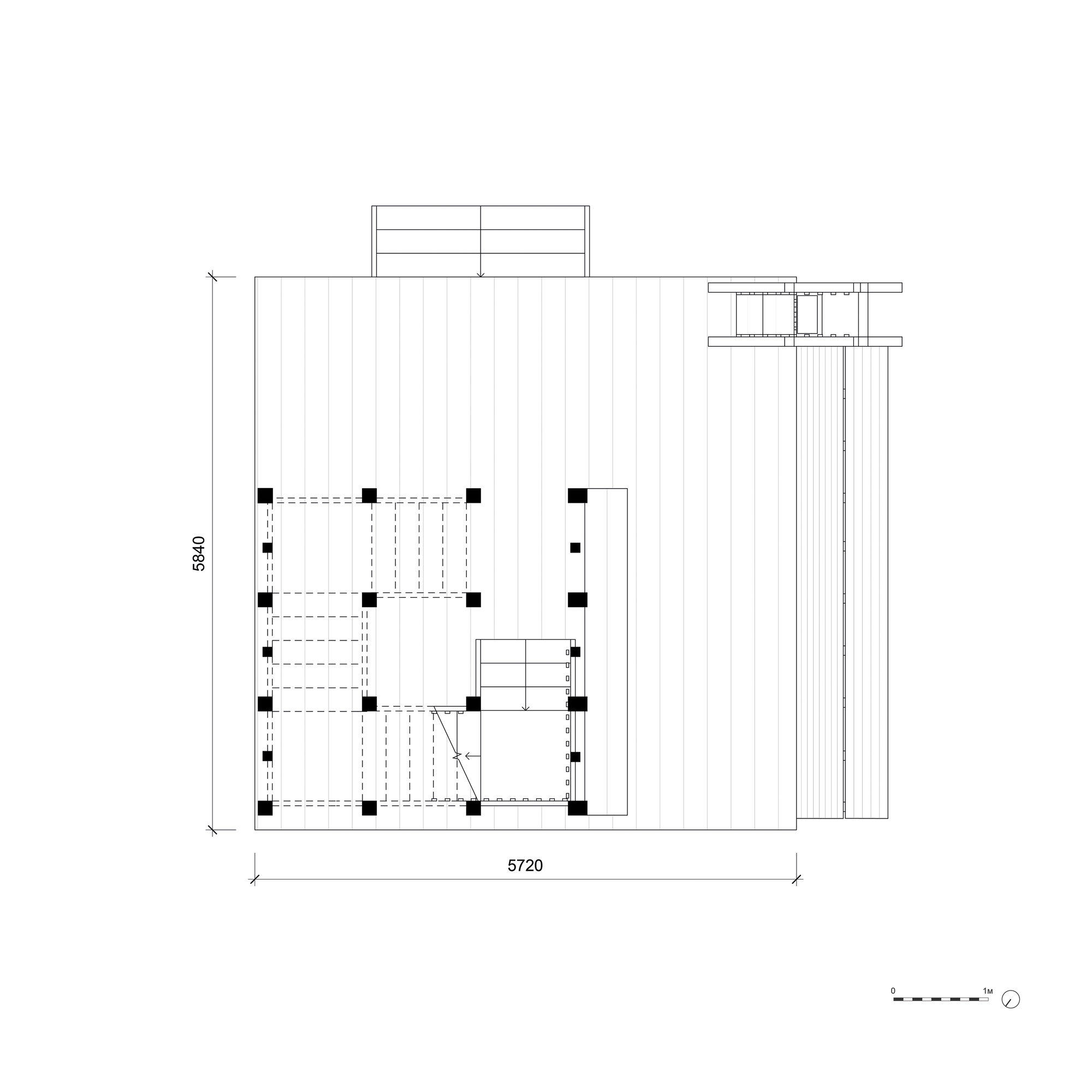 Floor plan drawing showing the tower footprint with column grid and adjacent rectangular volume