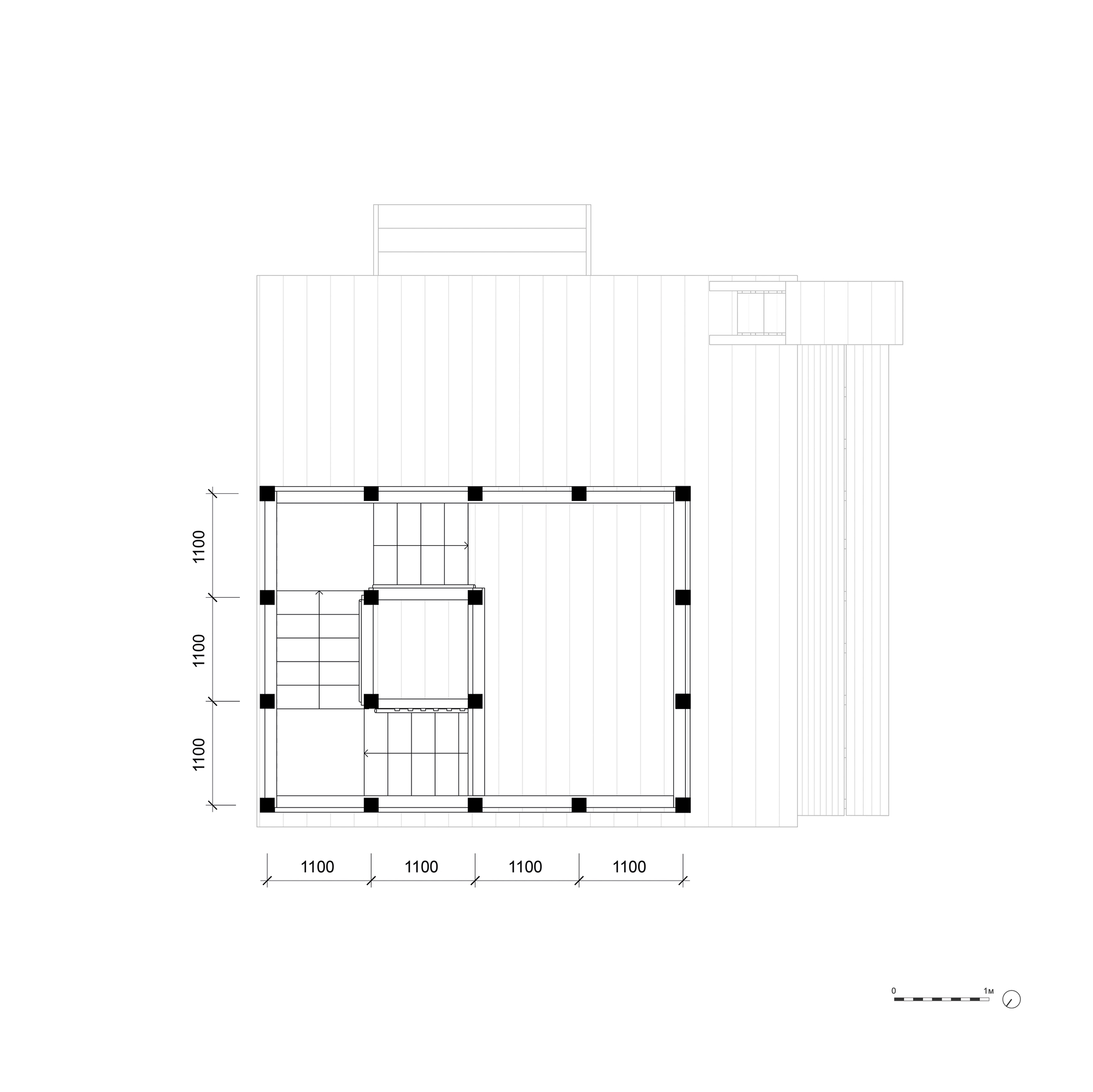 Floor plan drawing showing a square layout with a diagonal stair and attached rectangular volume