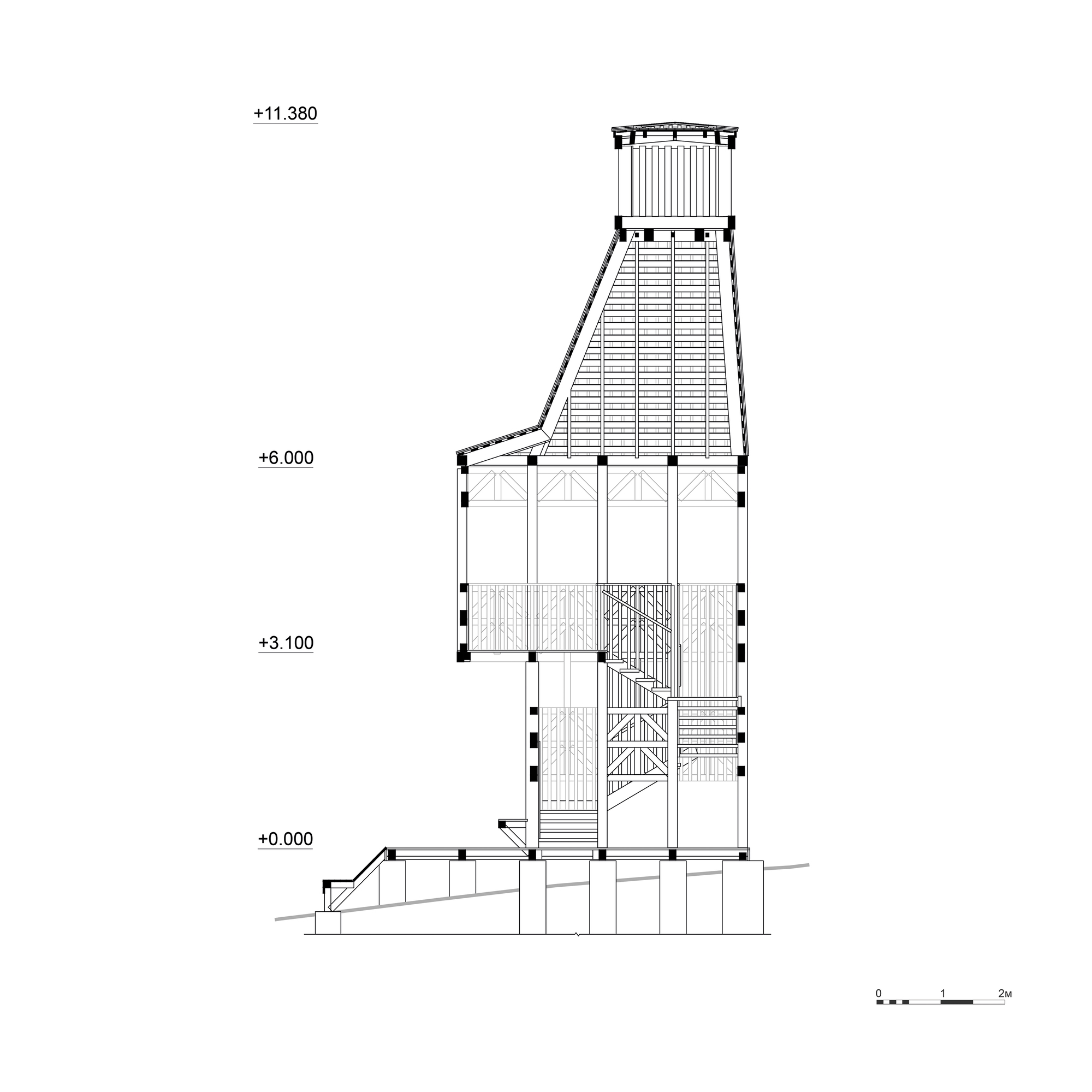 Section drawing revealing a vertical tower with sloped roof, internal stair, and ground level entry