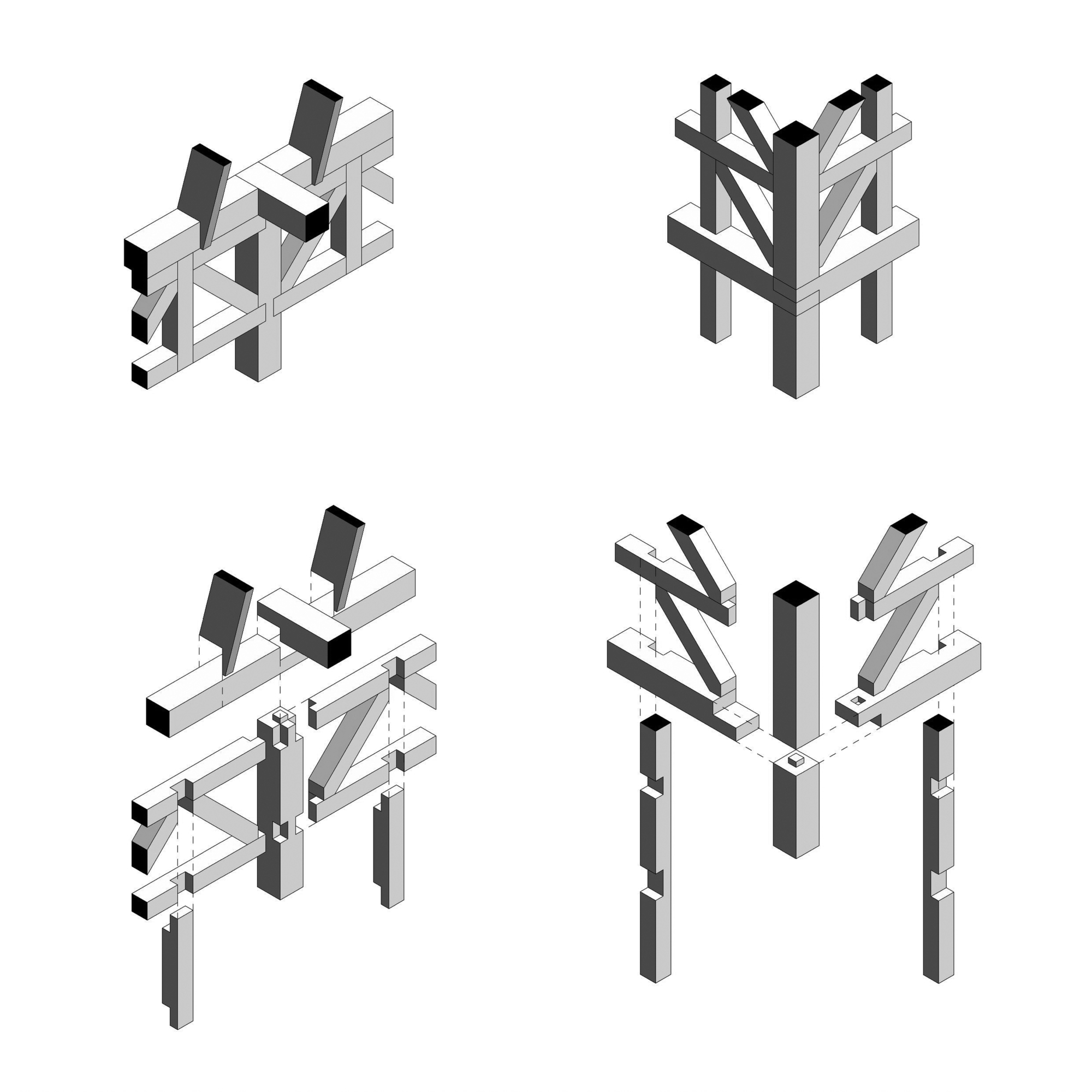Axonometric drawing series showing structural timber joint assembly from four viewing angles