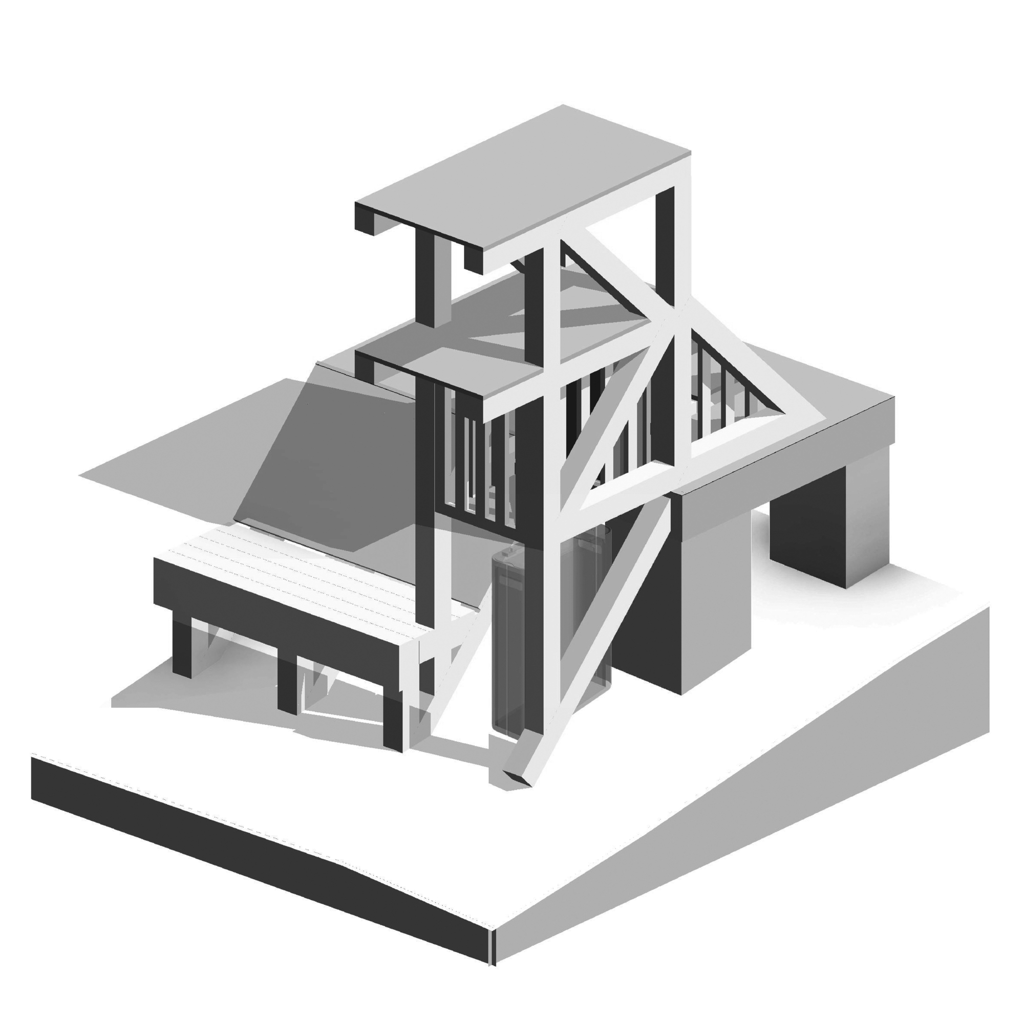 Isometric drawing of a tower structure with diagonal bracing, stepped roofs, and central glazed volume