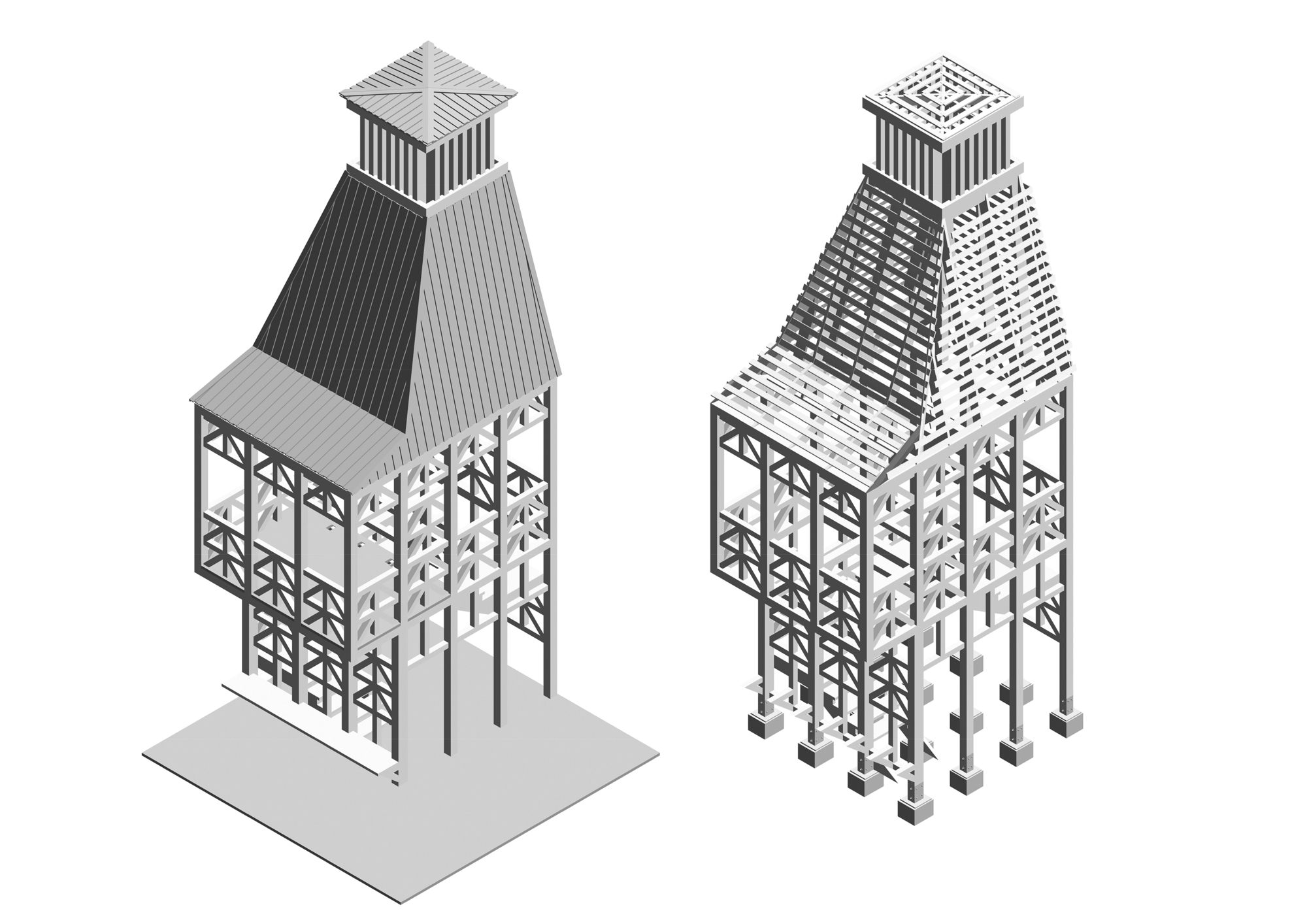Axonometric pair showing enclosed and exposed structural frame versions of a tapered tower form