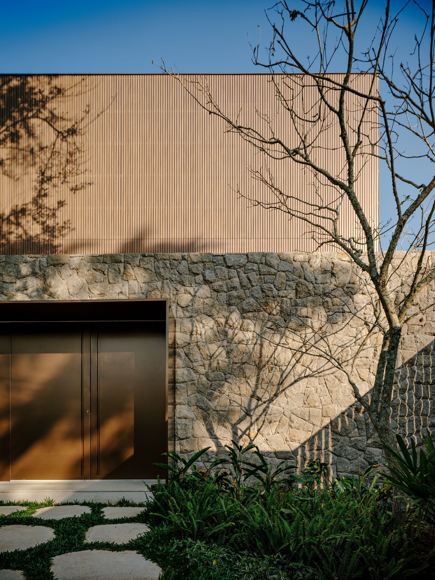 Stone base wall meets vertical timber cladding with bare tree casting afternoon shadows