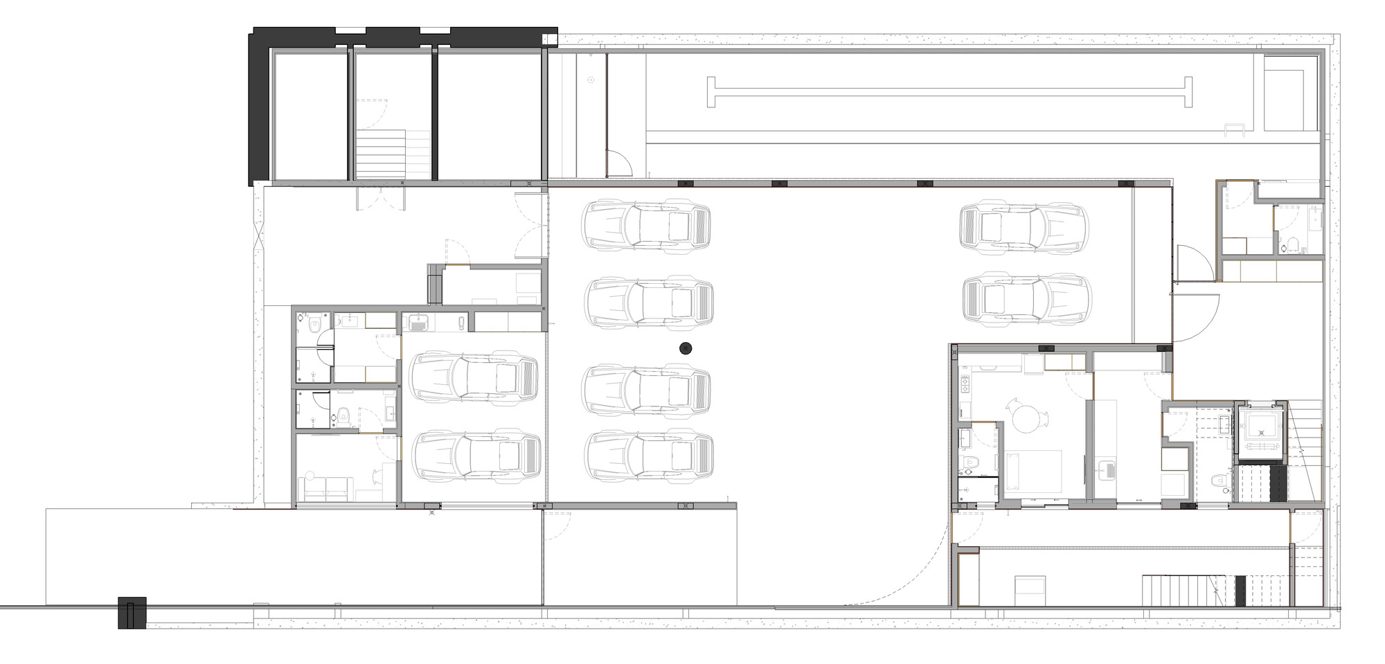 Section drawing showing car parking on the left and residential spaces on the right with a courtyard between