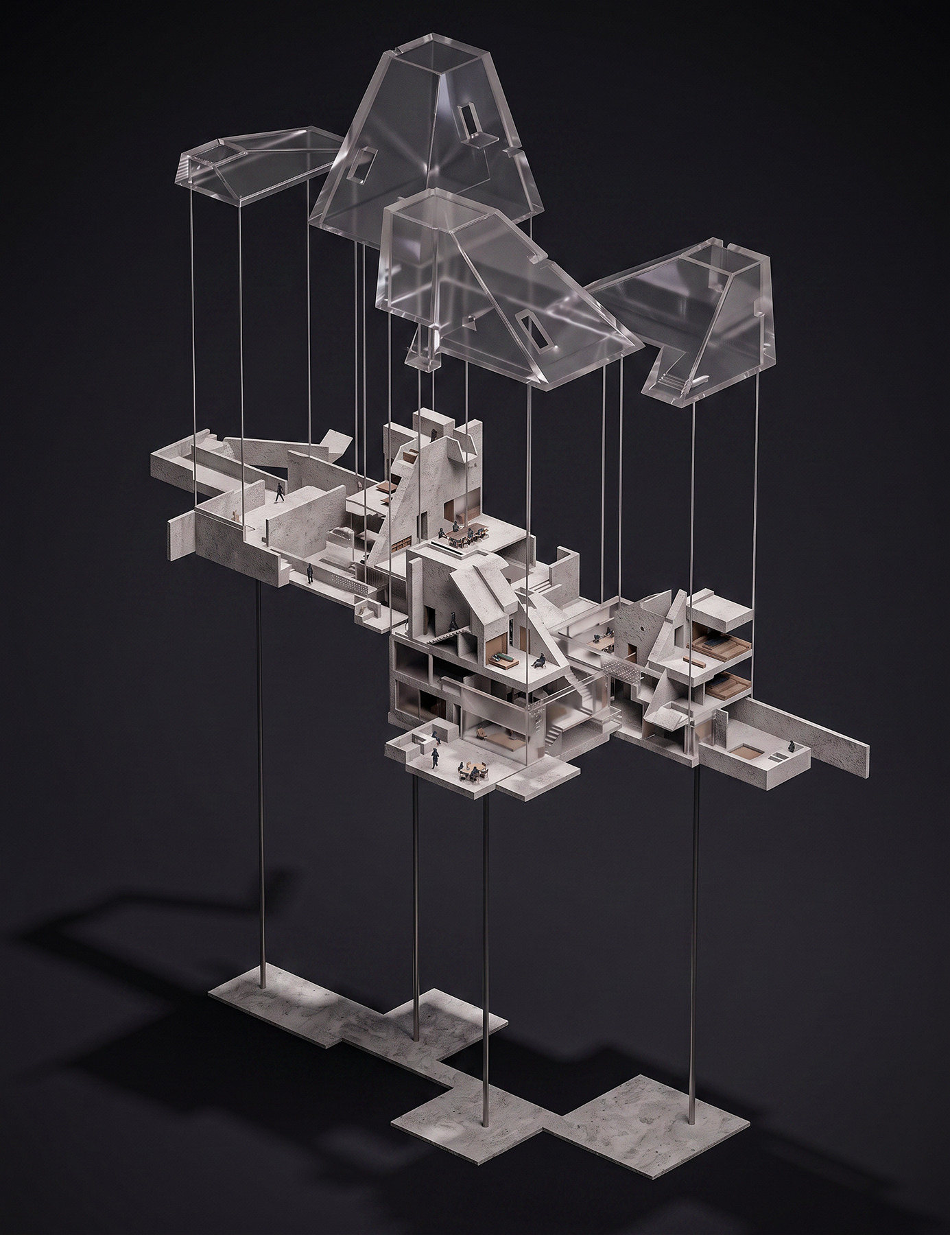 Exploded axonometric model showing three pyramidal roof volumes suspended above interconnected interior floor plates