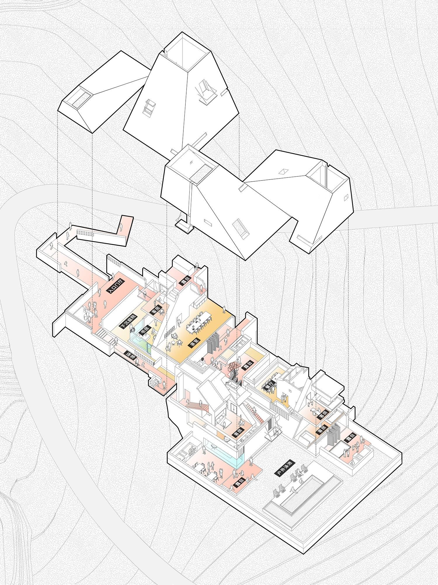 Axonometric cutaway drawing showing interior room arrangements beneath three pyramidal roof forms with topographic site lines