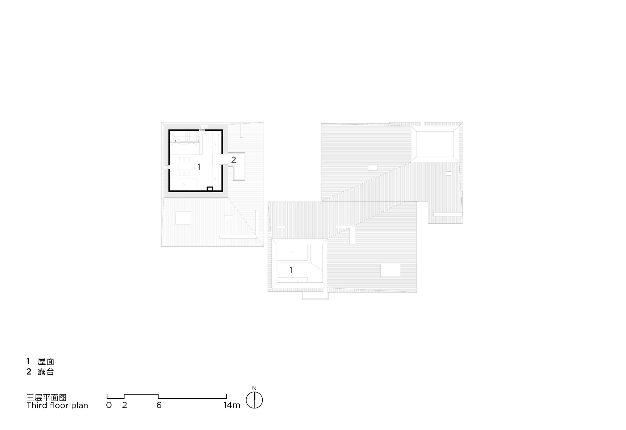 Third floor plan showing a rooftop terrace and a small enclosed room with topography lines