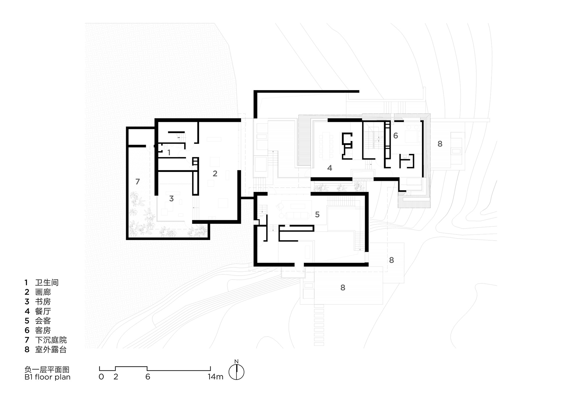 First floor plan showing multiple rooms arranged around courtyards with contour lines indicating sloped terrain
