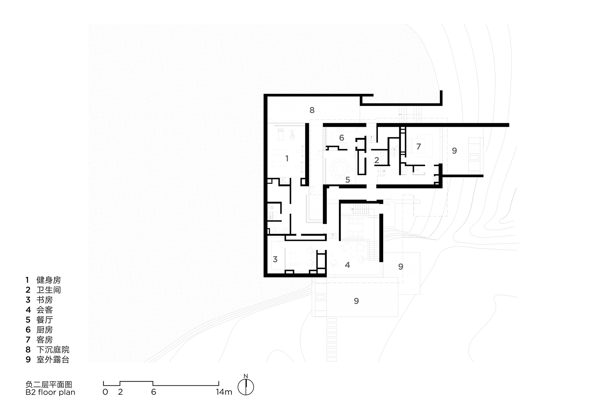 Second floor plan showing interconnected living spaces with outdoor terraces and topographic contours