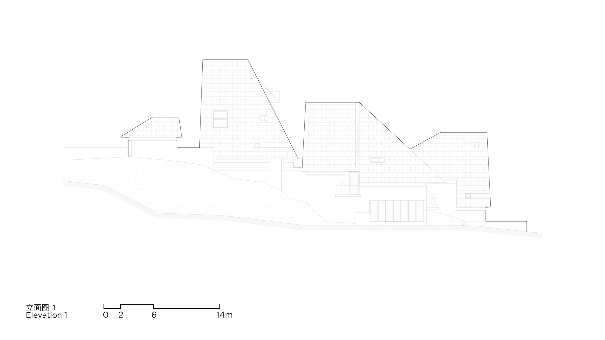 Elevation drawing showing clustered volumes with varying roof angles and a central staircase