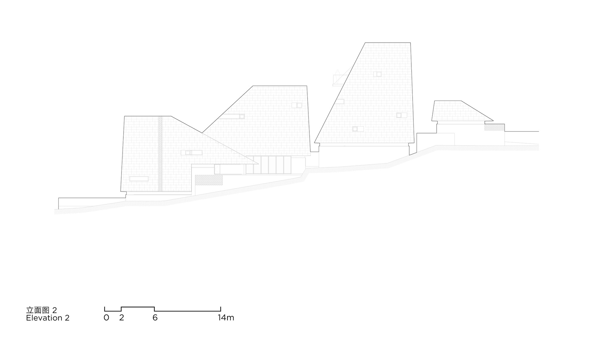 Elevation drawing showing staggered building masses with pitched roofs stepping down the slope