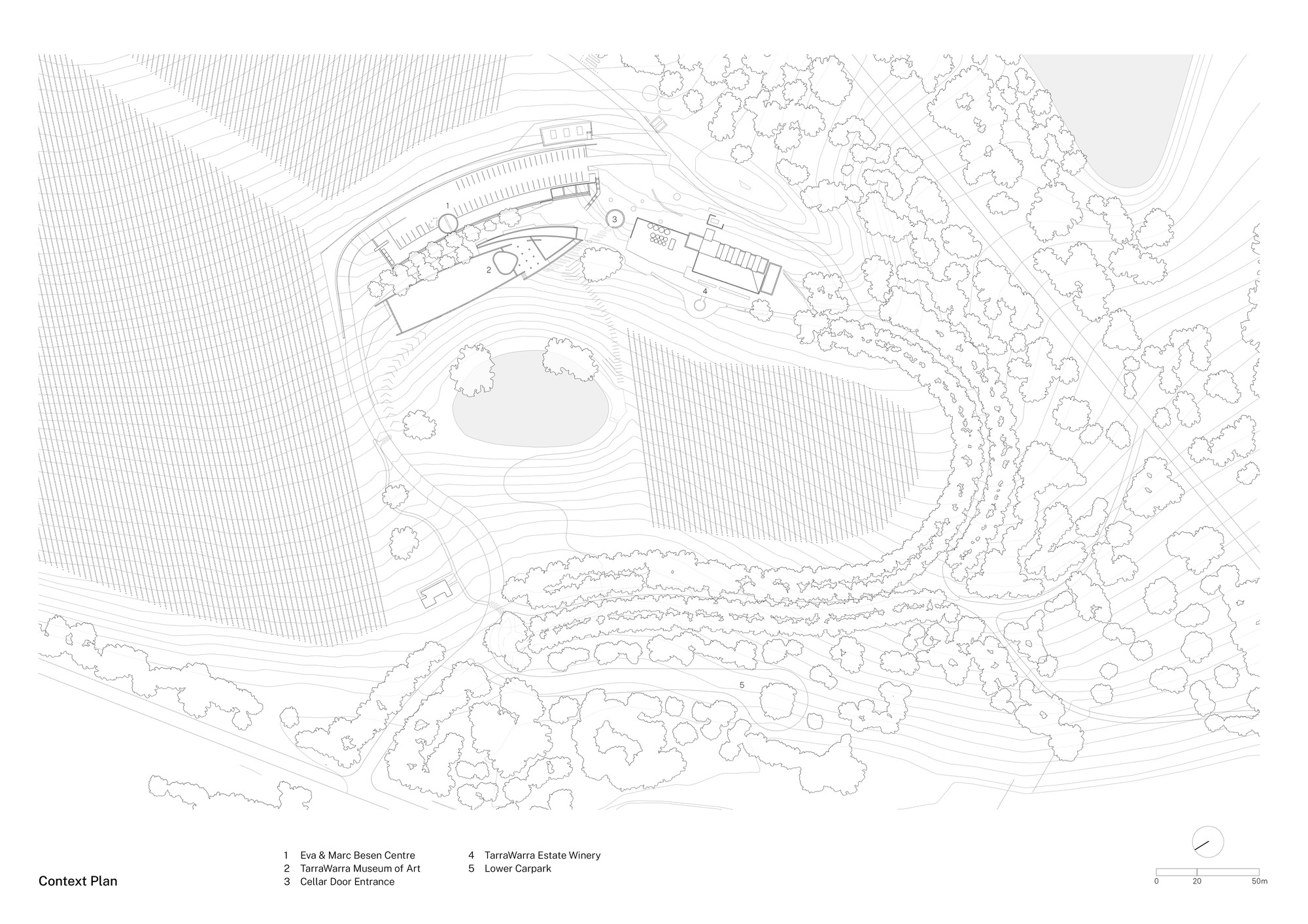 Context plan drawing depicting the curved structure amid dense tree canopy and agricultural fields