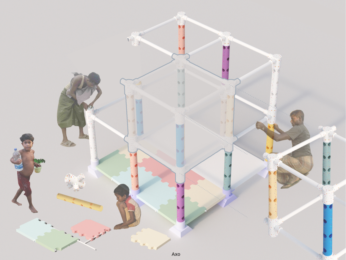 Base module showing the simple assembly of reusable structural and floor components