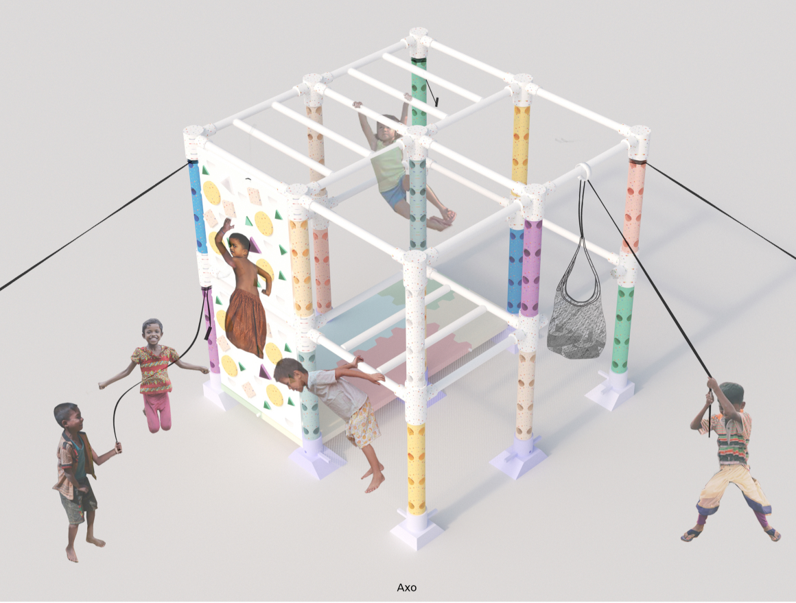 Active play module combining climbing, hanging, balancing, and rope-based activities.