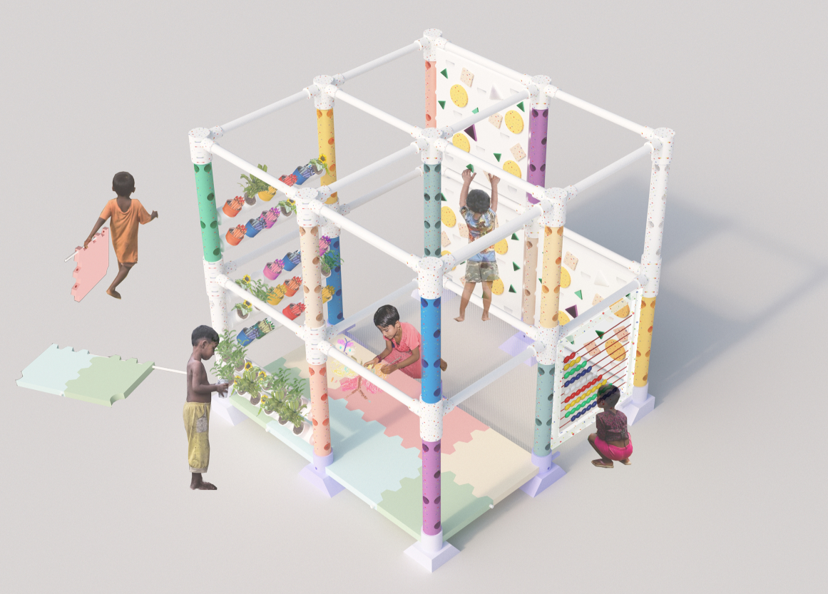 Education module integrates urban farming, creative learning, climbing, and interactive play.